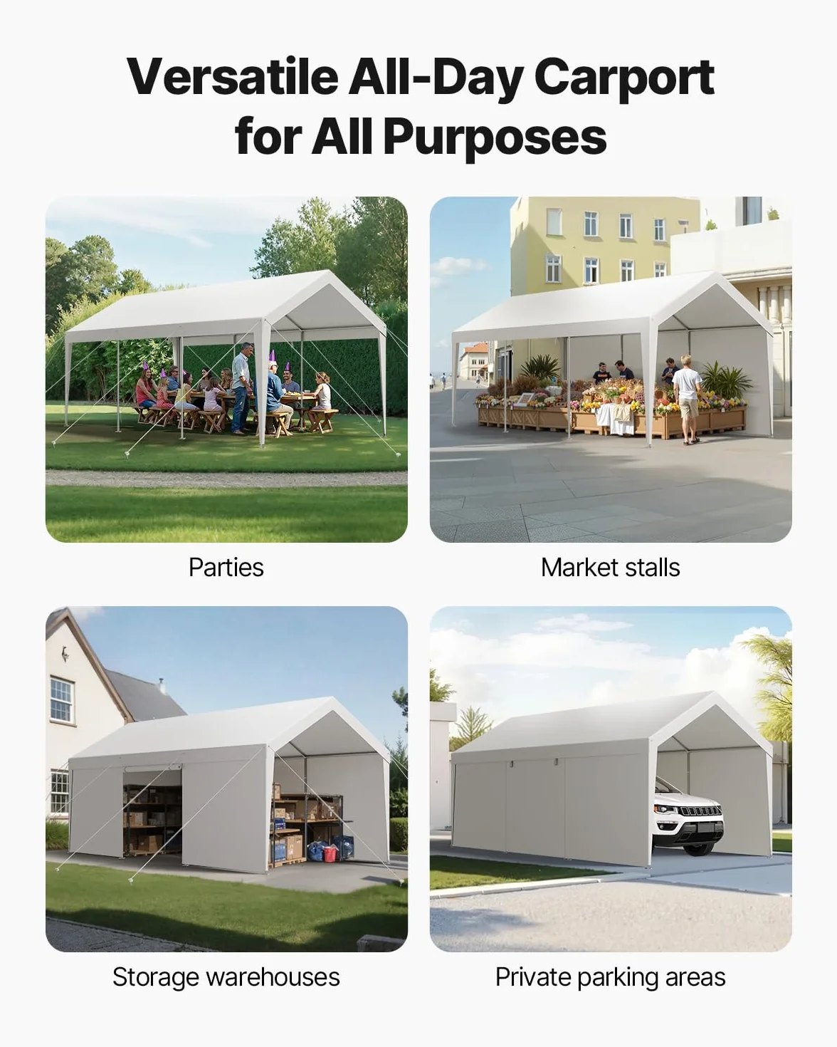 VEVOR Cochera 3,05 x 6,09 x 2,87 m Paredes Laterales Puerta Desmontables Marquesina para Coches Resistente Rayos UV Agua Blanco