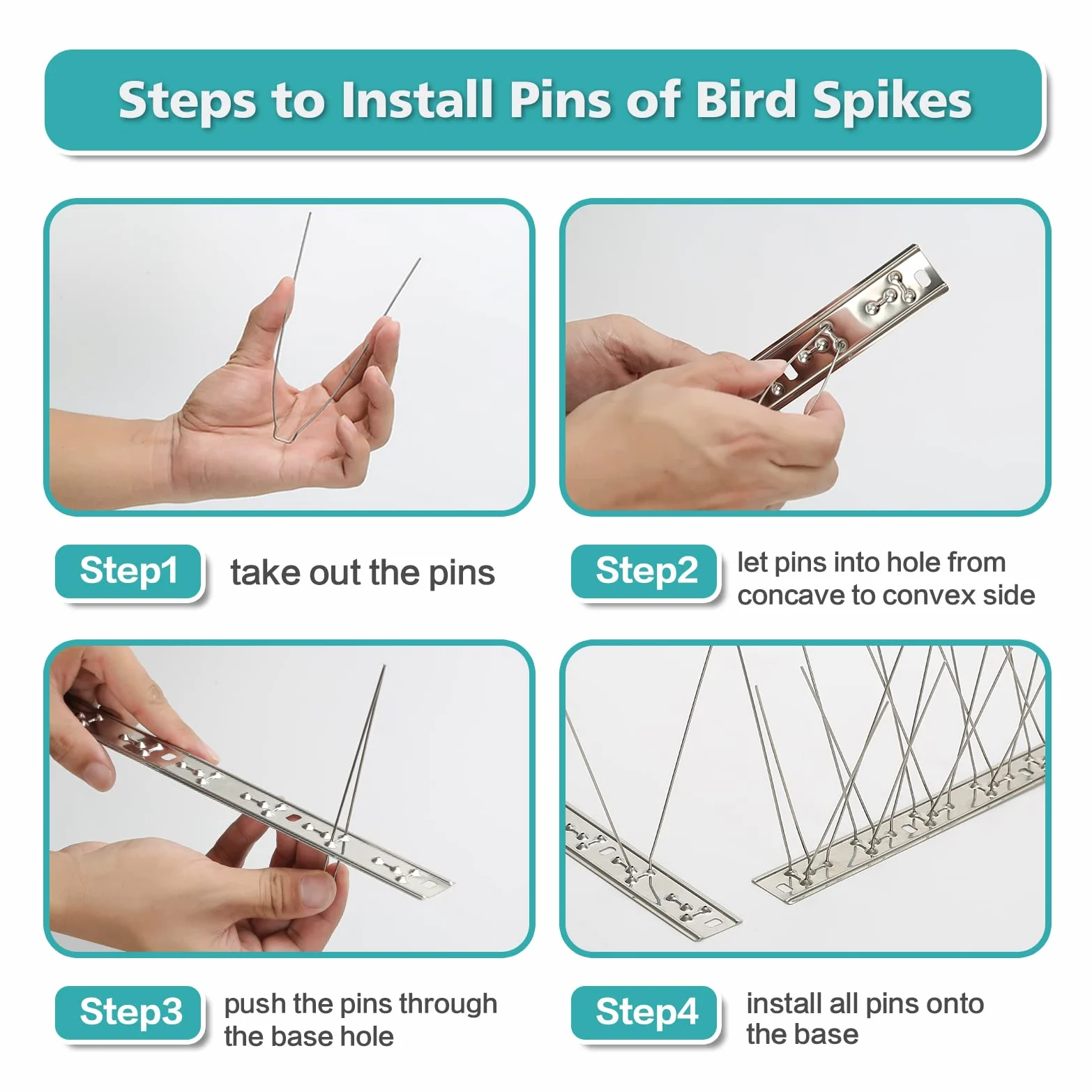 KKY Base de acero inoxidable con puntas de pájaro, kit de valla de uñas repelente de pájaros, se puede utilizar para detener palomas y otras aves pequeñas, cubriendo 43.2 pies (sin pines) 40 paquetes.