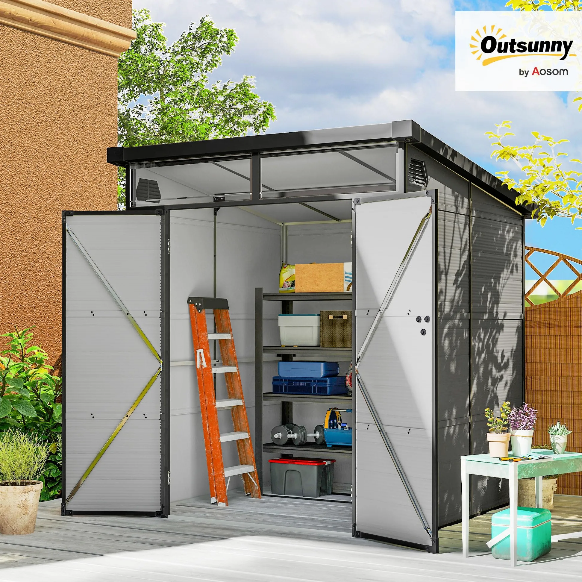 Outsunny Caseta de Jardín Exterior, 3,24 m², 190x191x215 cm, Gris Claro | Cobertizo de Jardín Exterior, Puerta Corredera con Pestillo, Ventana y Ventilación, para Almacenamiento de Herramientas