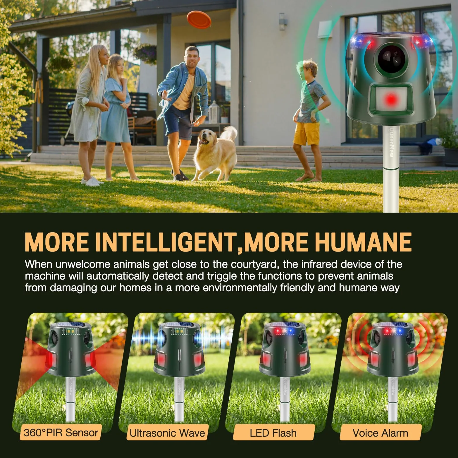 360° Solar Repelente Gatos, Ultrasónico Ahuyentador Pare Animales con Sensor de Movimiento y Luz Intermitente, 5 Modos Ahuyentador Impermeable para Exteriores para Ciervos Zorrillos Ardillas Conejos
