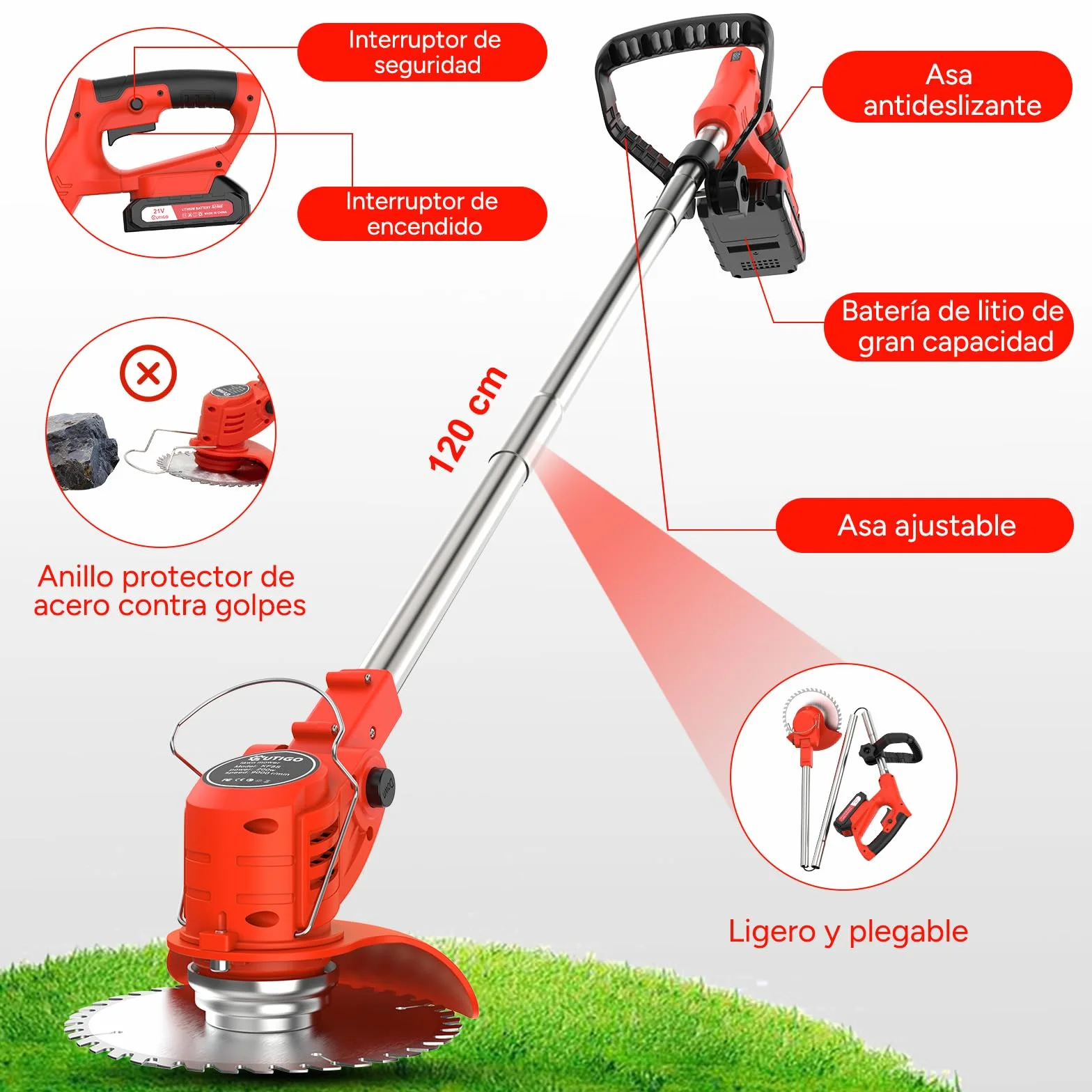OUTIGO Cortadora de césped eléctrica inalámbrica, desbrozadora inalámbrica con 2 baterías y 4 Cuchillas, Recortar Malas Hierbas, césped Exterior y Ramas pequeñas, Decespugliatore Elettrico