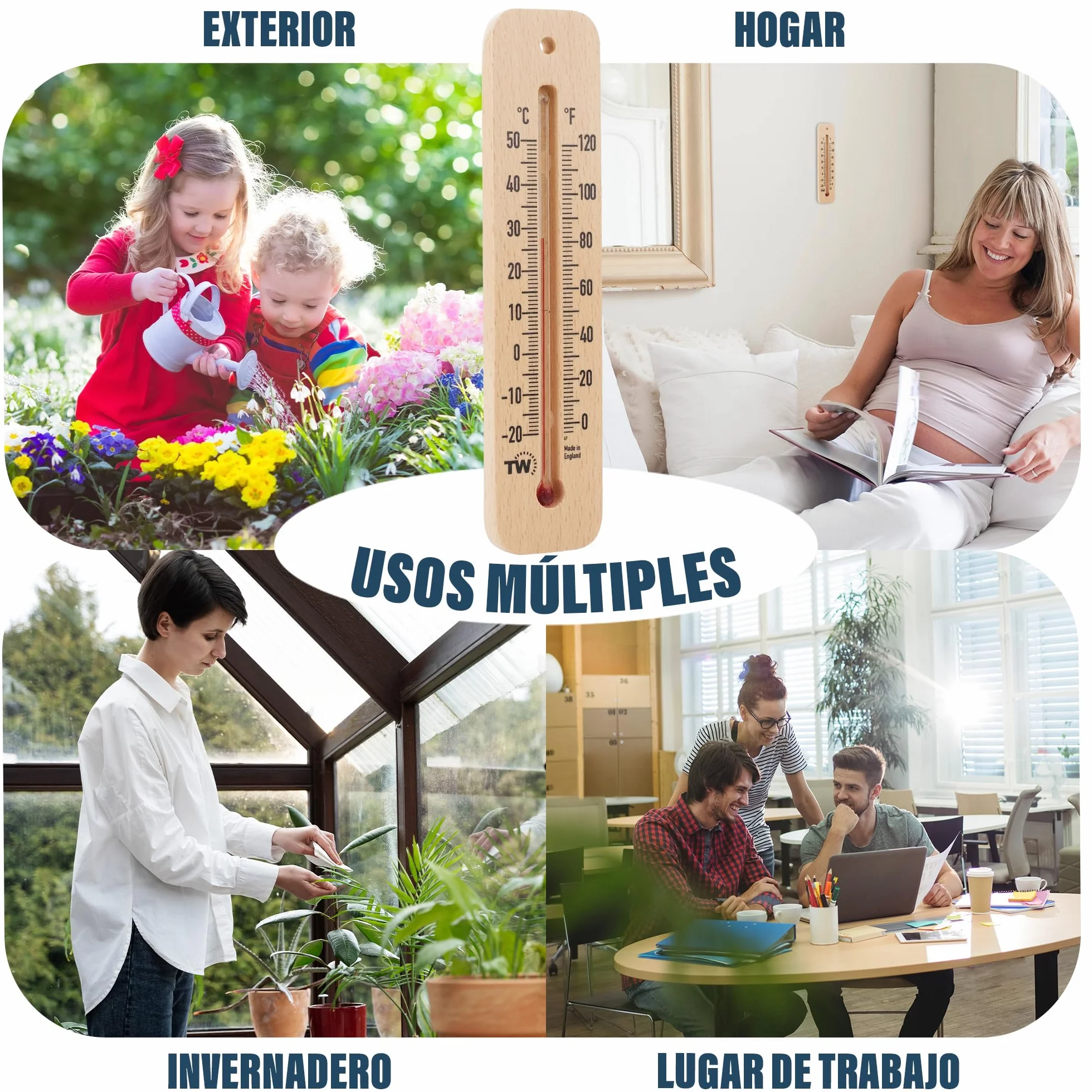 Termómetro Tradicional de Madera para Medir la Temperatura Ambiente, Ideal para Hogar, Oficina, Jardín, Invernadero o Garaje