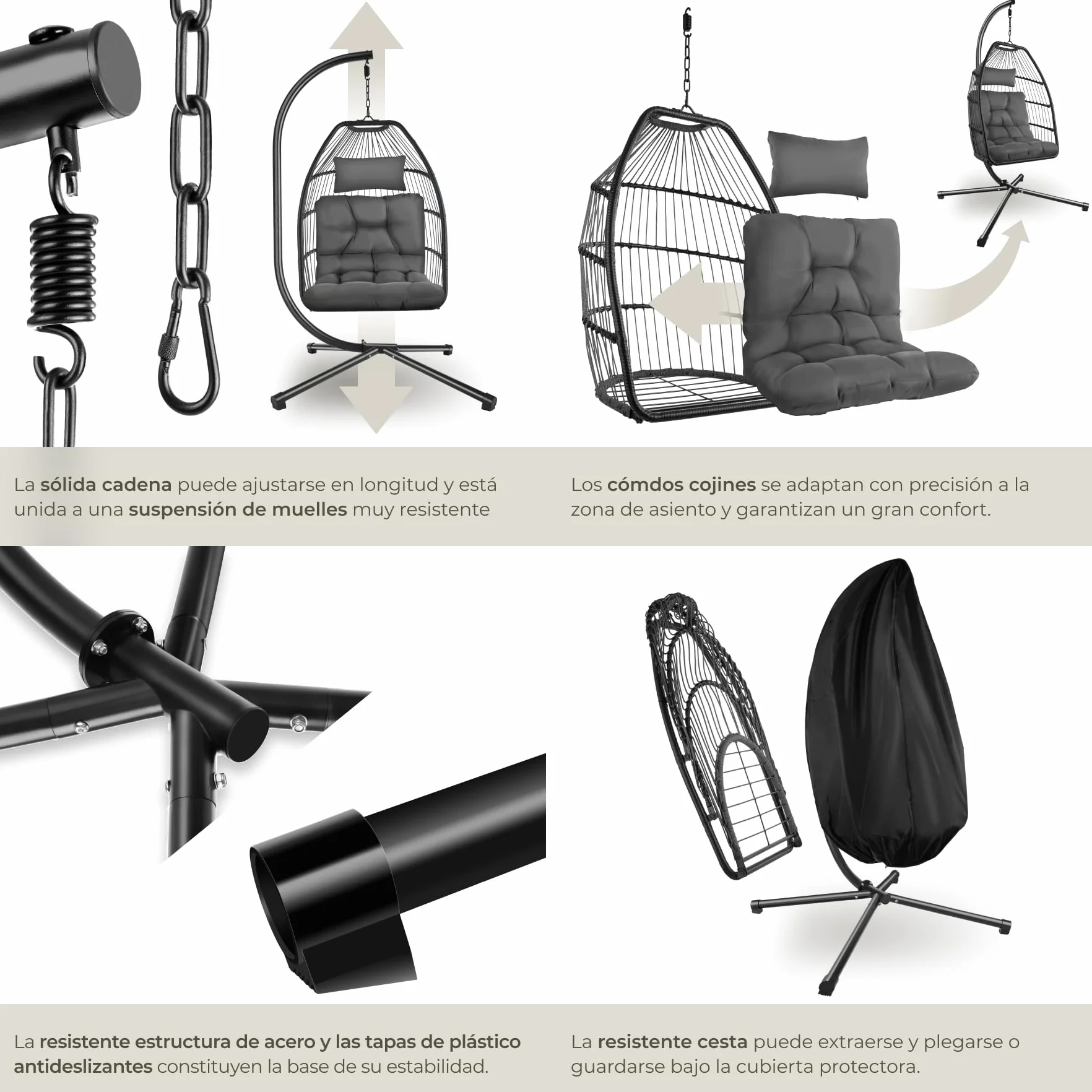 tectake® Columpio Jardín Exterior, Silla Colgante con Cojín Extragrueso, Sillón Balancín con Estructura de Acero y 4 Pies en Base, Hamaca Colgante Interior/Exterior, Plegable, Capacidad 160Kg - Gris
