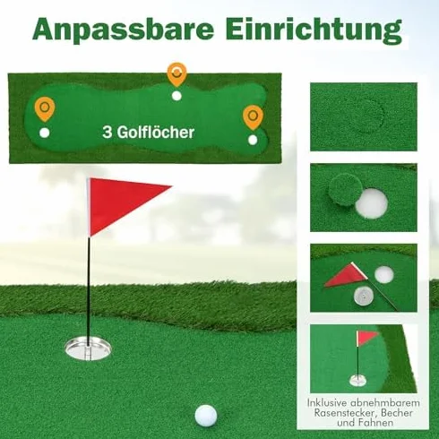 Esterilla de Golf 300 x 100 cm, Césped Artificial, 2 Bolas, 3 Agujeros, Plegable, Entrenamiento