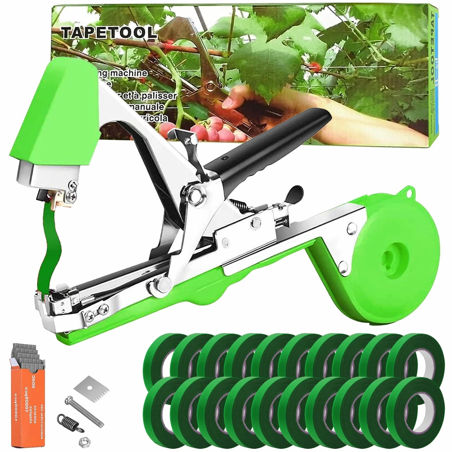 Maquina para Atar Plantas, Herramienta de Cinta de Jardín para Atar Ramas de Plantas, Atadora Agricola para Atadora de Tomates Fruta Flores Vegetales con 20 Rollos de Cinta Verde para Arboles