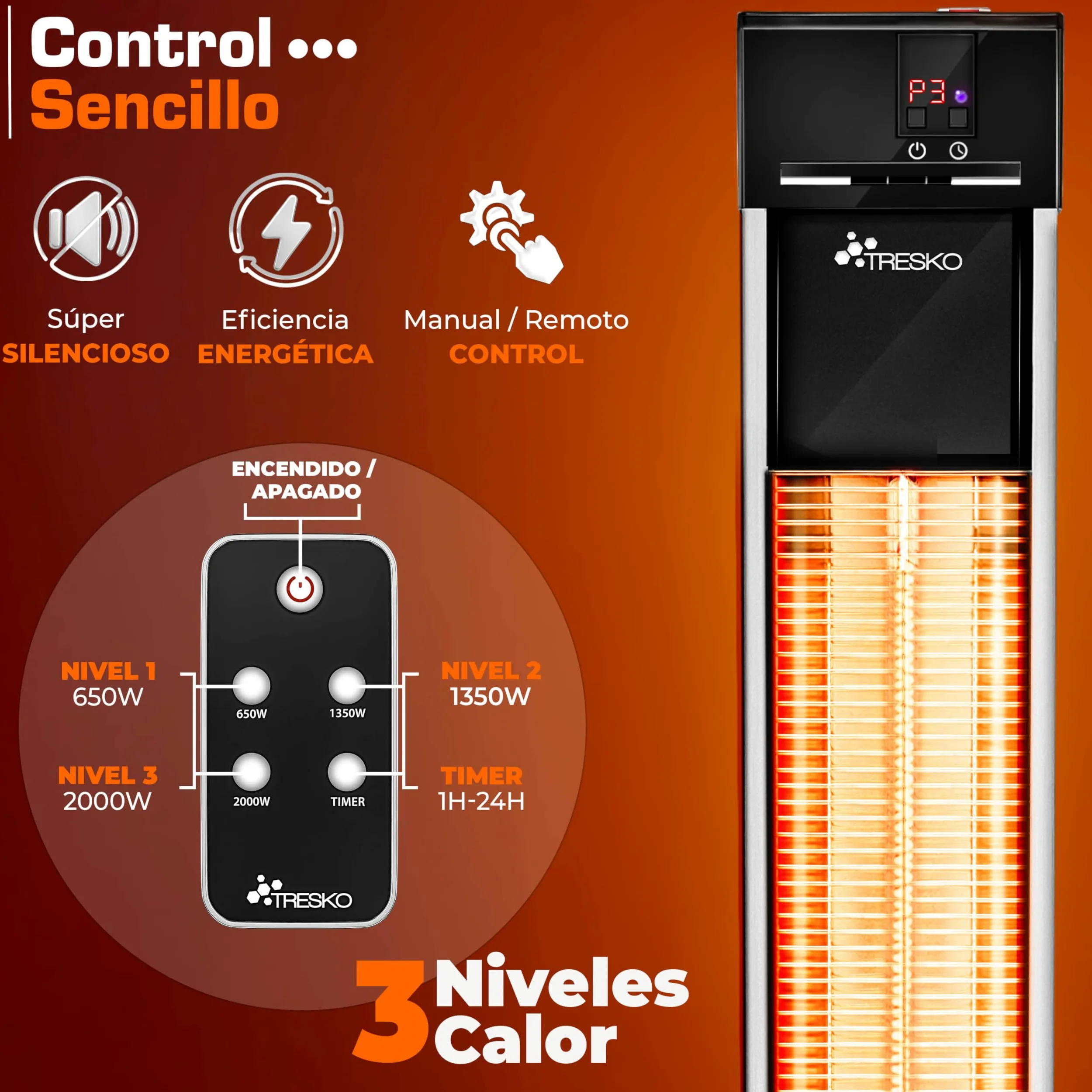 TRESKO Calefactor por Infrarrojos 2000W Control Remoto Estufa Radiante 3 Temperaturas Radiador Eléctrico Exterior Interior Calentador Pantalla LED