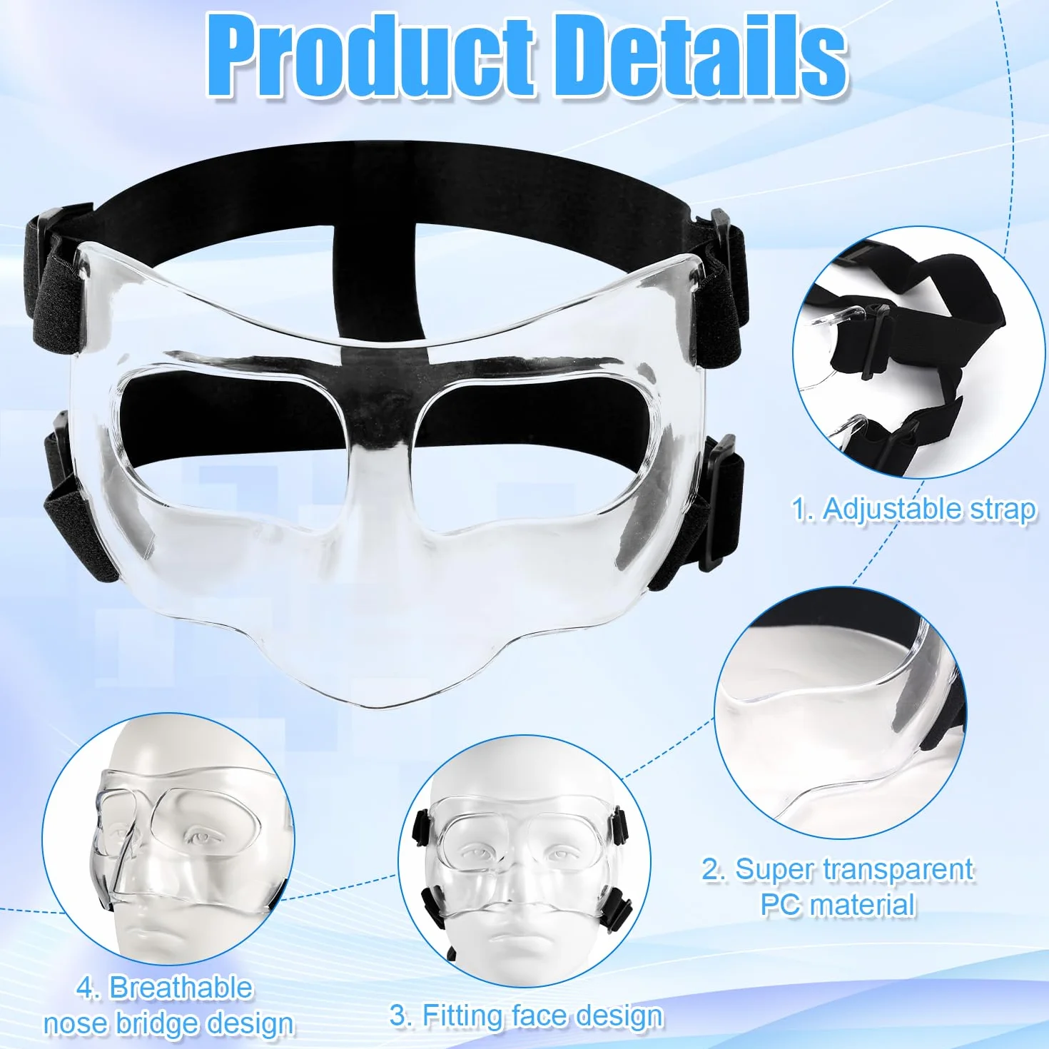 Protector Nasal Ajustable Transpirable Transparente con Acolchado para Deporte Baloncesto Fútbol