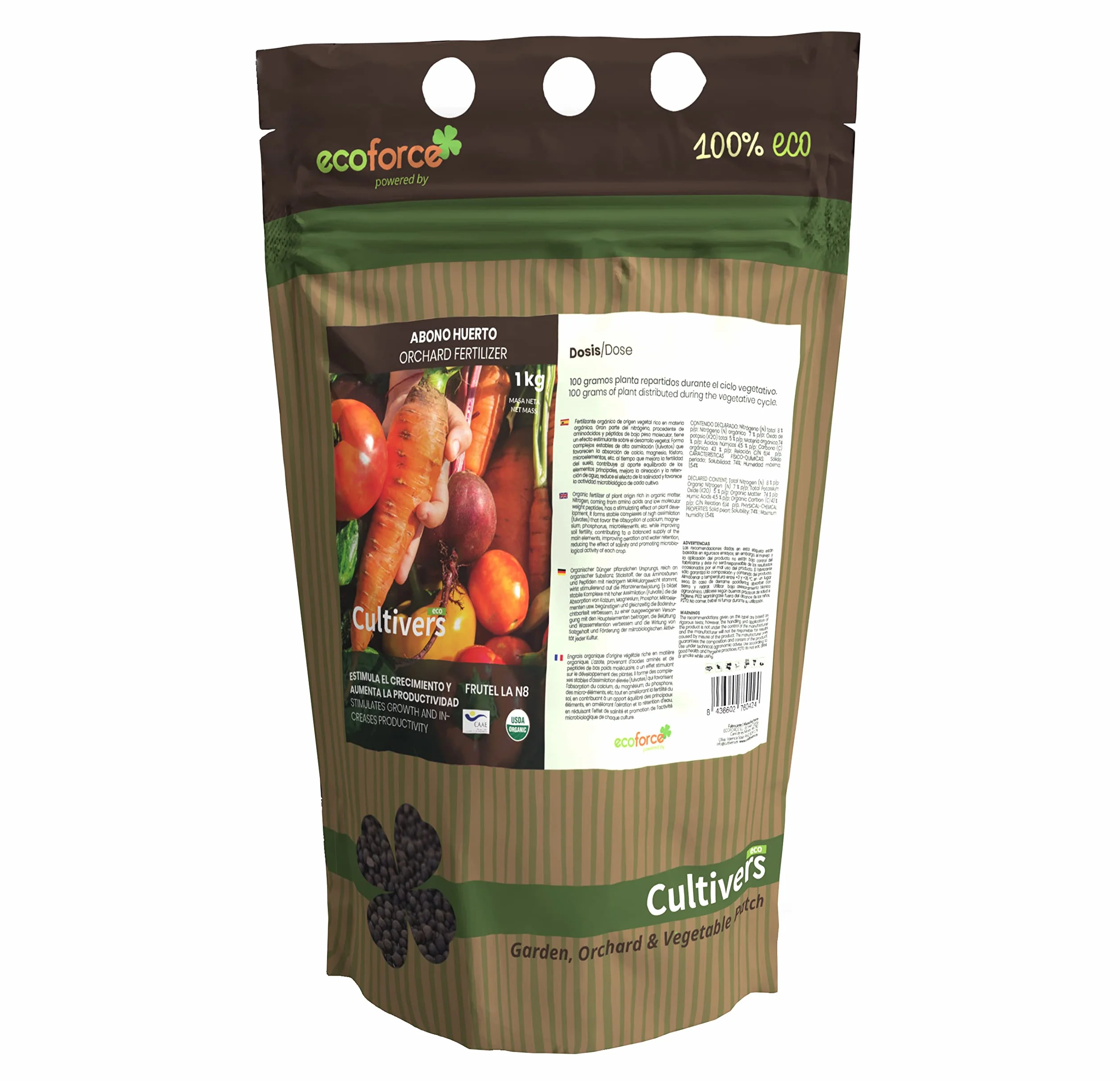 CULTIVERS Abono Huerto Ecológico de 1 Kg. Fertilizante de Origen 100% Orgánico y Natural Microgránulado. Mejora la Productividad de los Cultivos Liberación Lenta