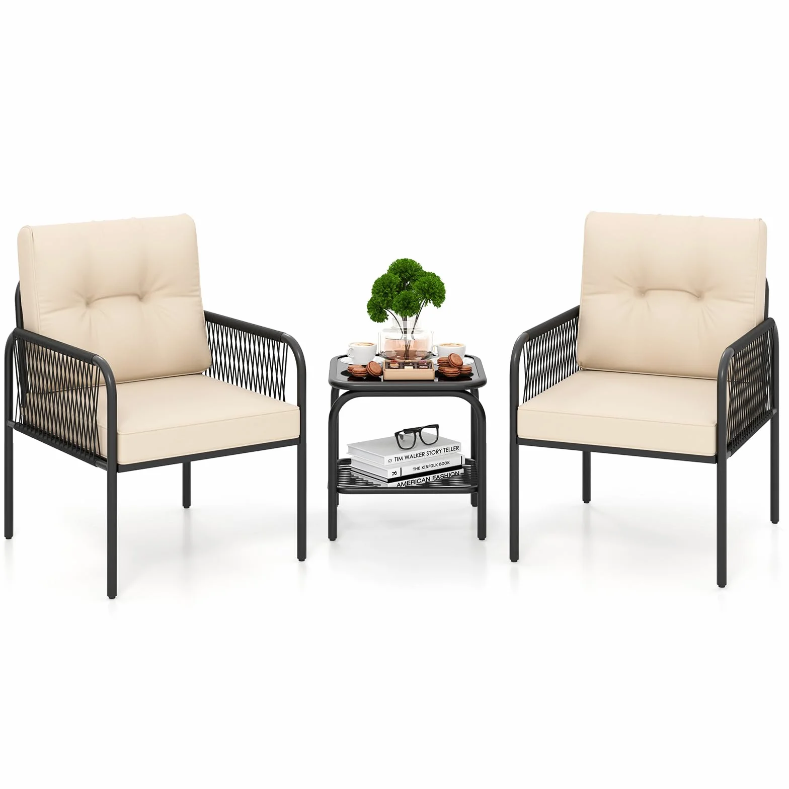 COSTWAY Conjunto Jardin Exterior de Ratan PE 3 Piezas, Mesa de Vidrio Templado, 2 Sillas con Cojines, Mesa y Sillas Muebles Jardin Terraza Balcon Exterior