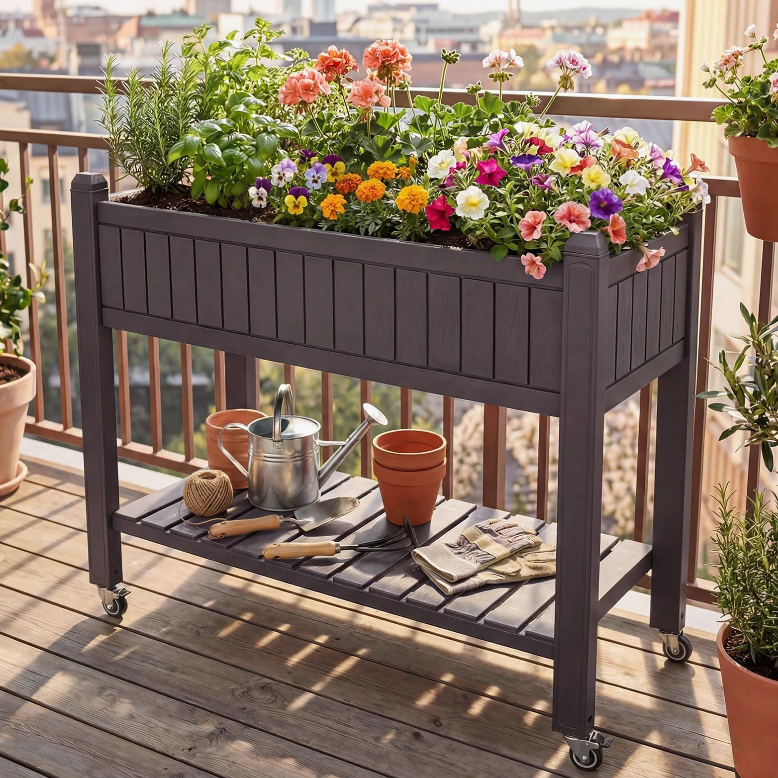 COSTWAY Huerto Urbano Elevado Mesa de Cultivo con Ruedas, Caja de Planta Divisible con Monitor de Agua, Orificio de Drenaje y Estante para Verduras y Hierbas, para Cultivo Plantas Flores Verduras