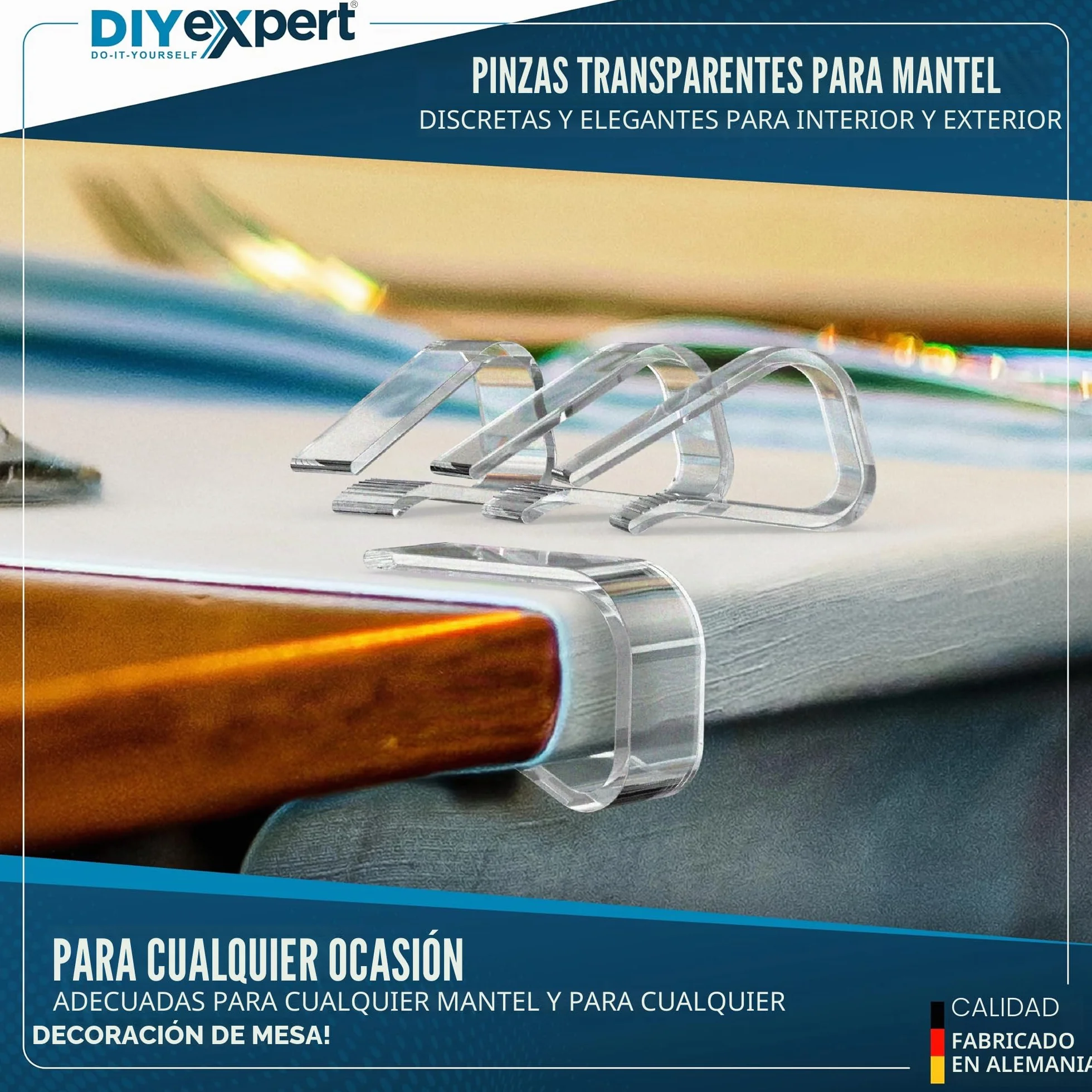 DIYexpert Pinzas para mantel transparentes Fabricado en Alemania [hasta 25 mm] [4 unidades] Pinzas estables para mantel – Resistentes a la intemperie y antideslizantes – Pinzas de mesa para jardín