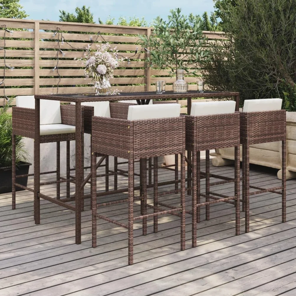 vidaXL Mesa y taburetes Altos jardín 7 pzas y Cojines ratán PE marrón