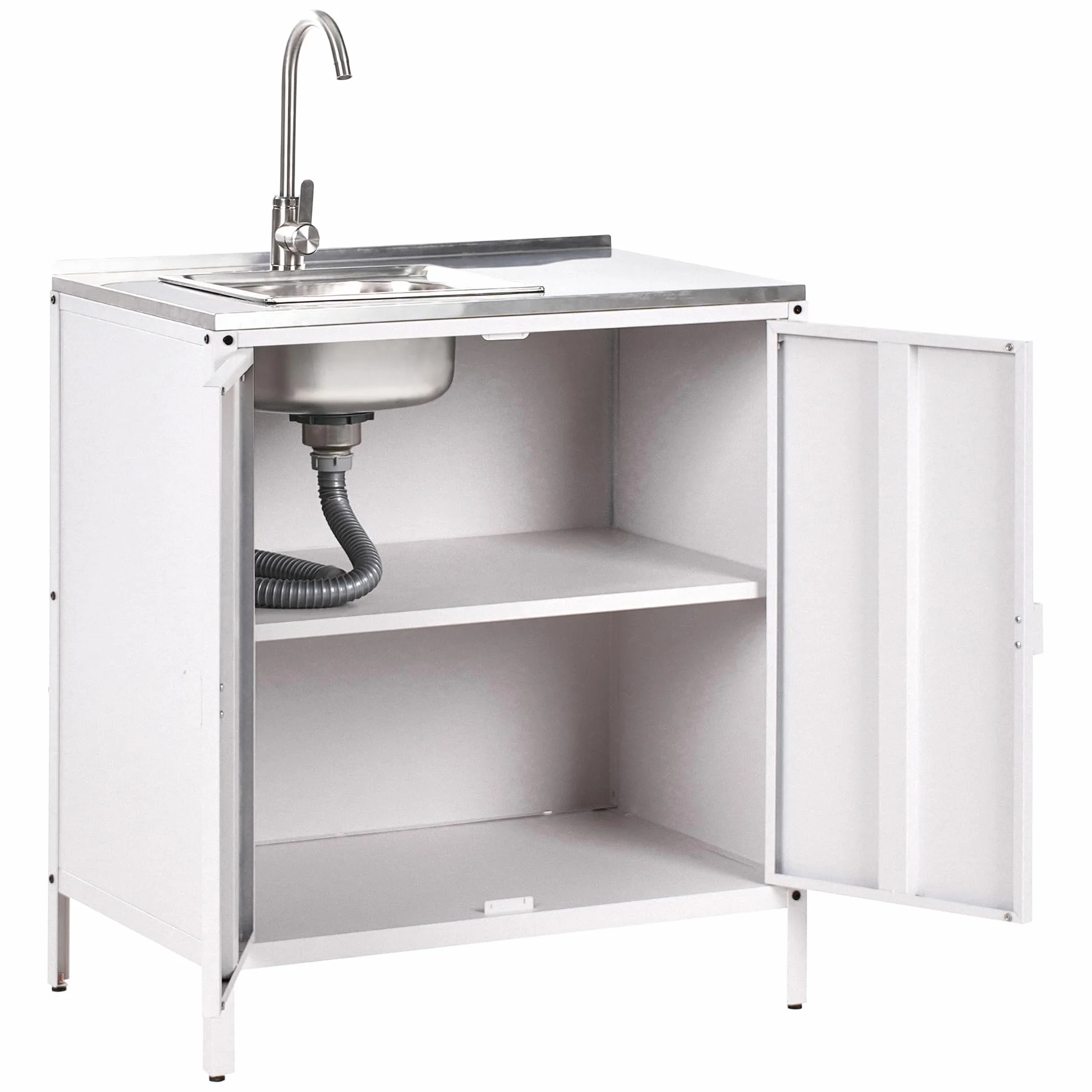 Beliani Conjunto de Cocina 2 Piezas de Exterior Acero Inoxidable Isla de Cocina y Armario con Fregadero Monomando Blanco Vilama