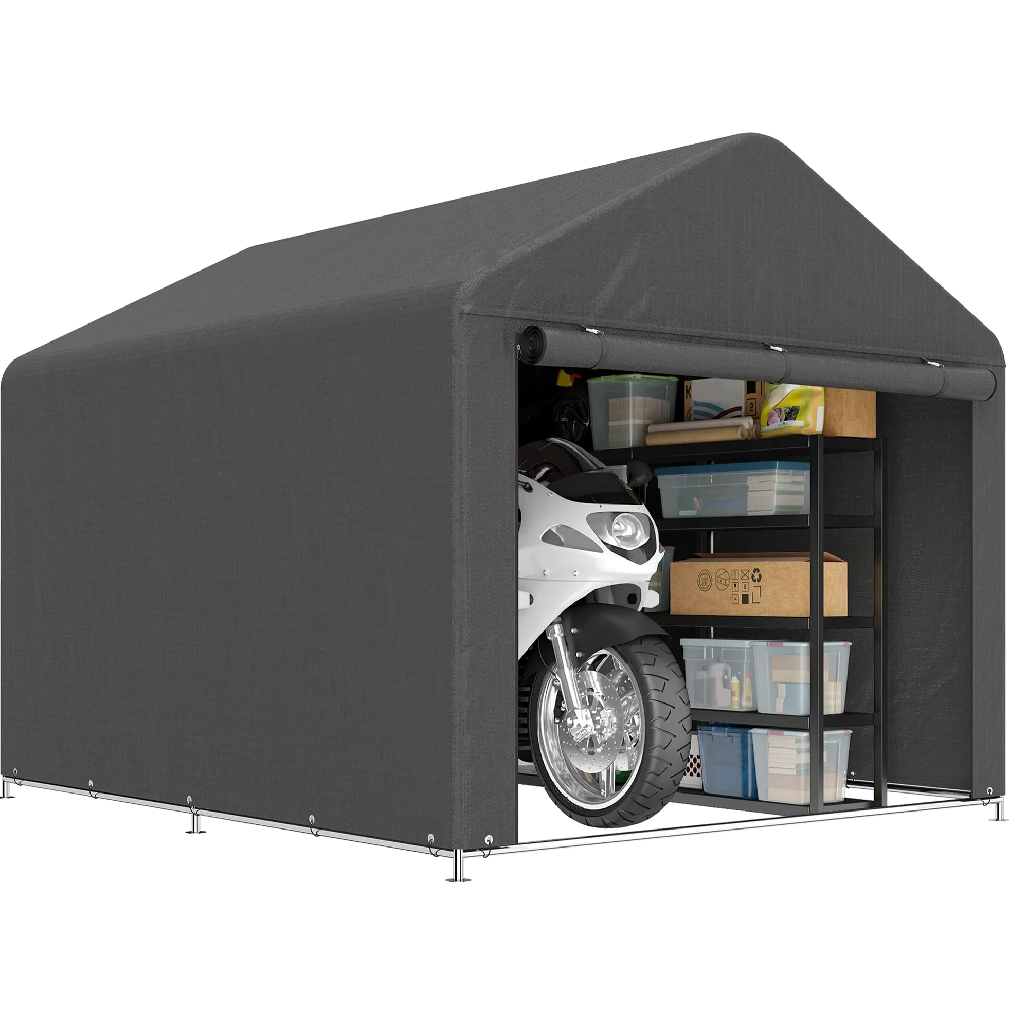 Outsunny 6.6x7.8ft Cobertizo jardín Impermeable Gris Oscuro | Tienda bici, puerta enrollable cremallera, marco metal galvanizado, cobertizo portátil para moto, herramientas