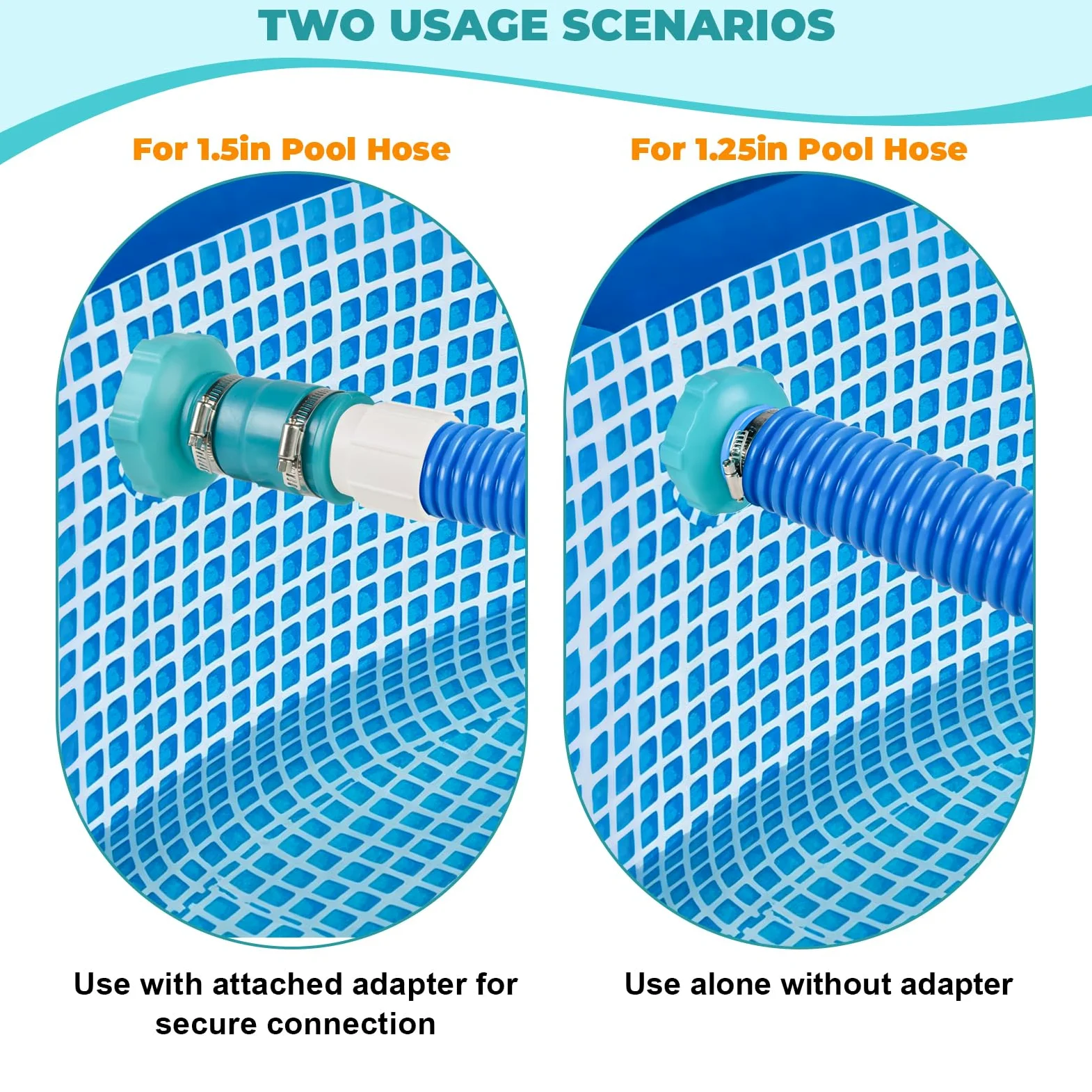 Juego de 2 adaptadores de manguera de vacío para piscina, adaptador de manguera de skimmer de piscina, conector B con puños y abrazaderas de manguera de piscina de 1-1/2 pulgadas, adaptador de