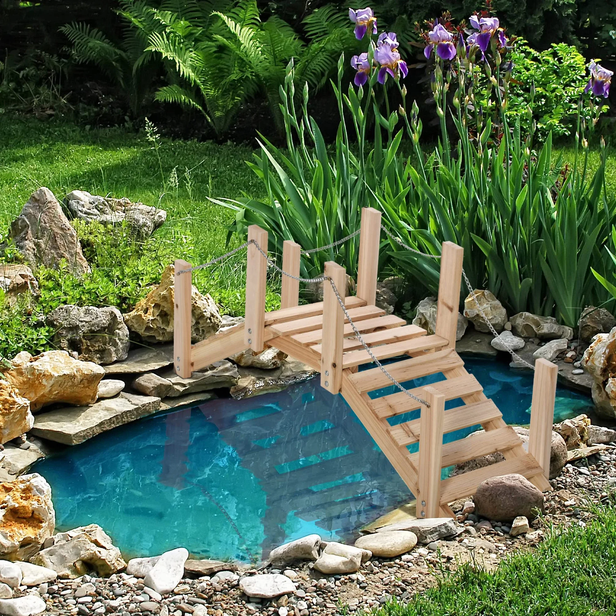 Outsunny Puente de Jardín de Madera con Pasamanos de Cadenas Metálicas Decorativo 100x32x48 cm