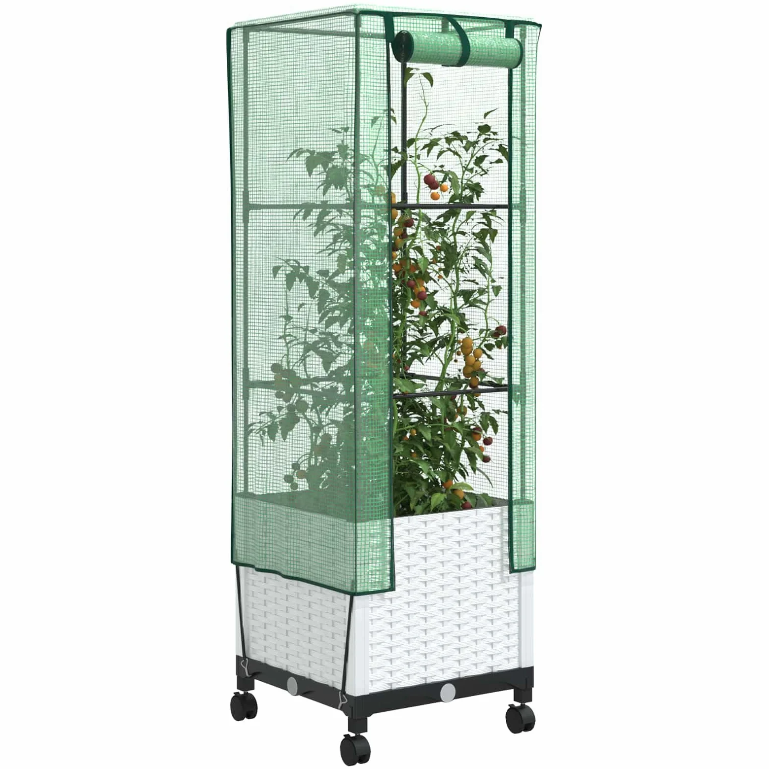 Macetero móvil con cubierta de invernadero, color blanco, PP, 40 x 40 x 145 cm | Cama elevada con aspecto de ratán para patio y jardín, incluye cubierta y prácticas para el suelo.