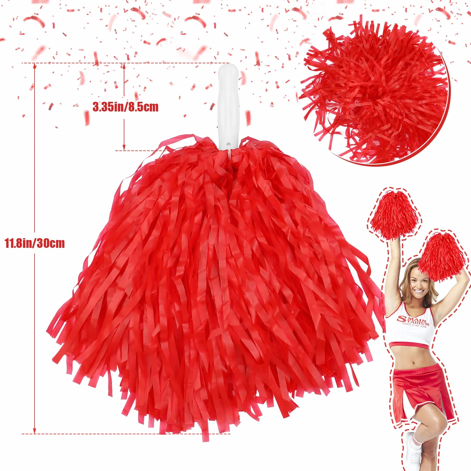 Pompones de plástico para animadoras, 12 unidades, rojo