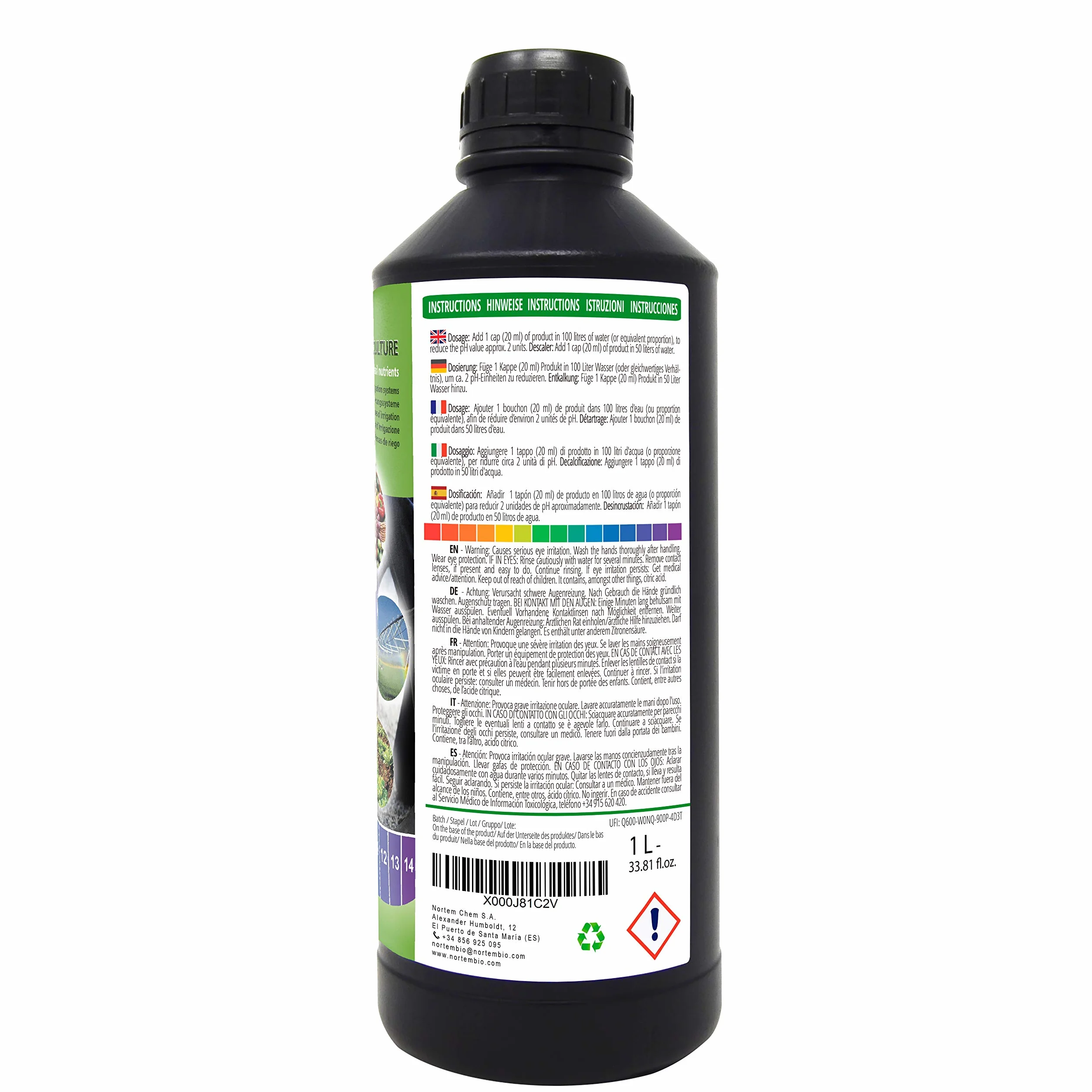 Nortembio Agro Reductor de pH Ecológico 1 L Corrector Natural para Plantas y Cultivos, Desincrustante de Riego, Mejora el Sabor, Aroma y Crecimiento - Uso Universal