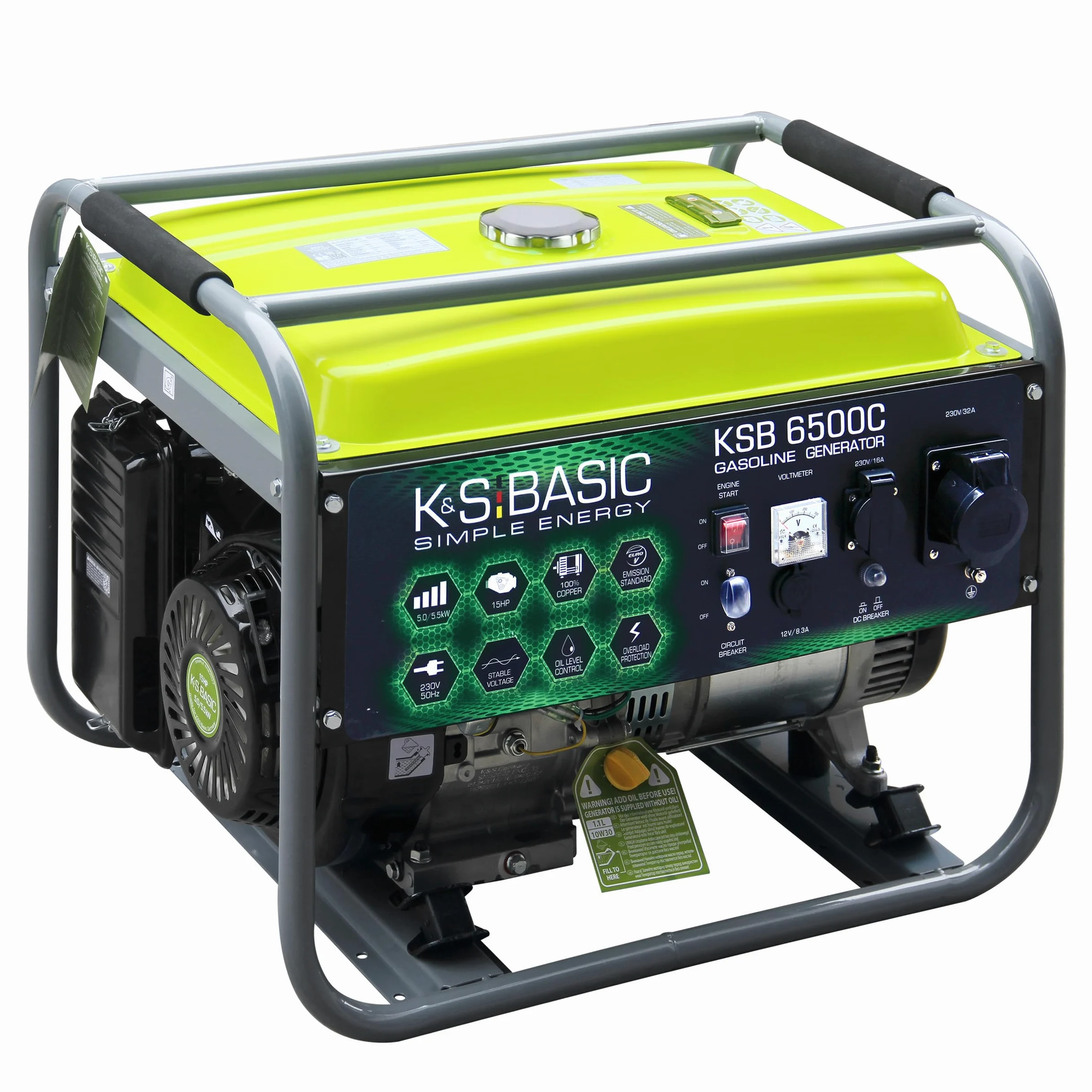 Generador de gasolina K&S Basic KSB 6500C, Höchstleistung 5500 W, generador con automatischer Spannungsregler (AVR), Ausgangsspannung 12V, stromerzeuger mit Kurzschlussschutz