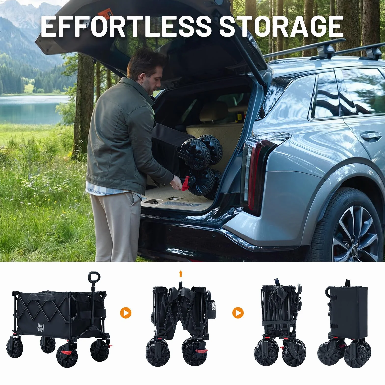TIMBER RIDGE Carro plegable XXL de 250 L, neumáticos anchos con frenos, 150 kg, con soporte para bebidas, para camping, compras, jardín