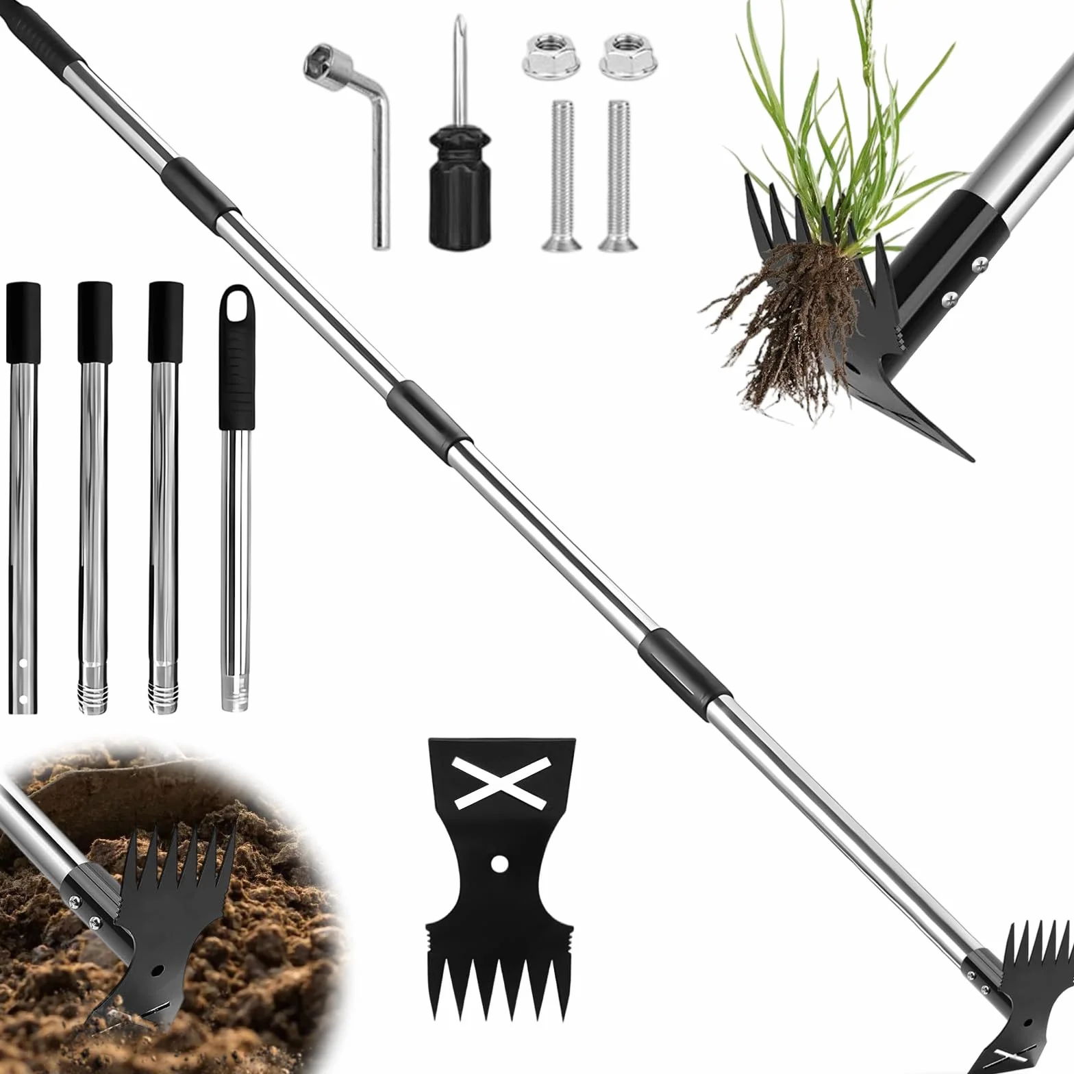 Extractor Malas Hierbas con Mango Largo Ajustable 148cm, Herramientas Extracción Rastrillo Jardín Azada Manual 2 en 1, Extractora Malezas Eliminación ​​Desbrozar Escarda para Césped, Patio, Terraza