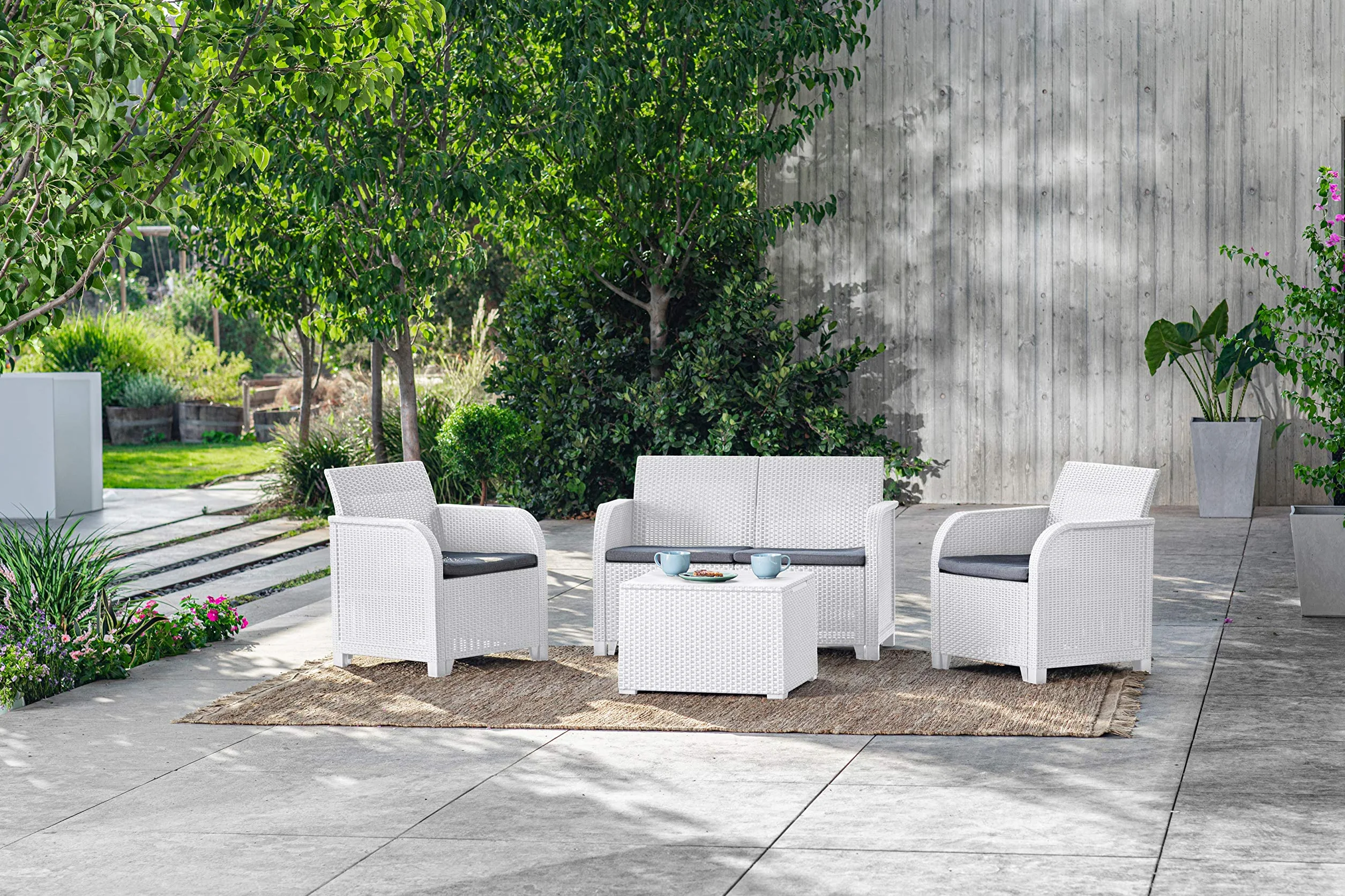 Keter Rosalie Lounge - Juego de Muebles con Cojines - Sillones de 65 x 63 x 74 (alt.) cm - Sofá de 113 x 65 x 74 cm de Altura - Mesa contenedora 60 x 55 x 39