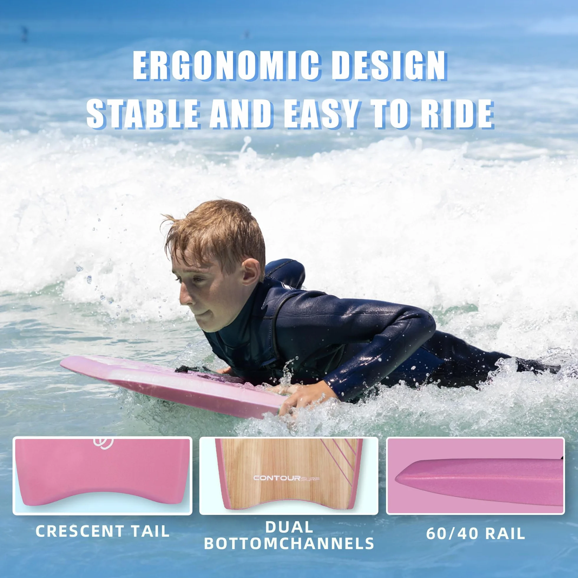 Tabla de Bodyboard de 33 Pulgadas con Núcleo EPS, Doble Canal, Correa de Muñeca para Surf