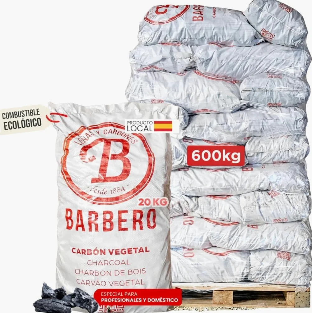 Palet Carbón Vegetal Encina 100 Natural Grueso Profesional 30 Sacos 20kg Hostelería Aroma Sabor Carnes Pescados Combustión Lenta Sin Humo Alta Temperatura Cocina Exterior Parrilla Gourmet