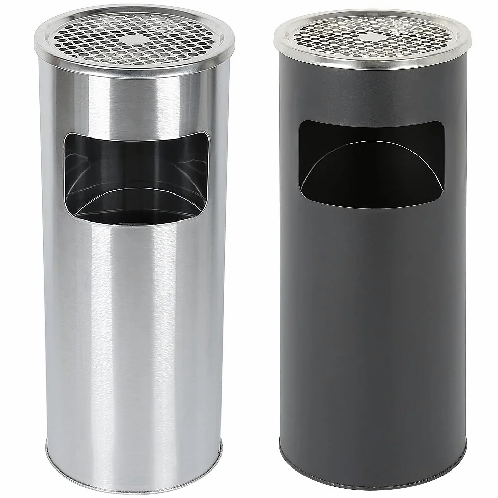 Cenicero de pie 2 en 1 de acero inoxidable con cubo de basura, 30 litros, cubo interior extraíble, cenicero de pie para exterior, cenicero para entrada, hotel (plata + negro, 30 L, 2 unidades)