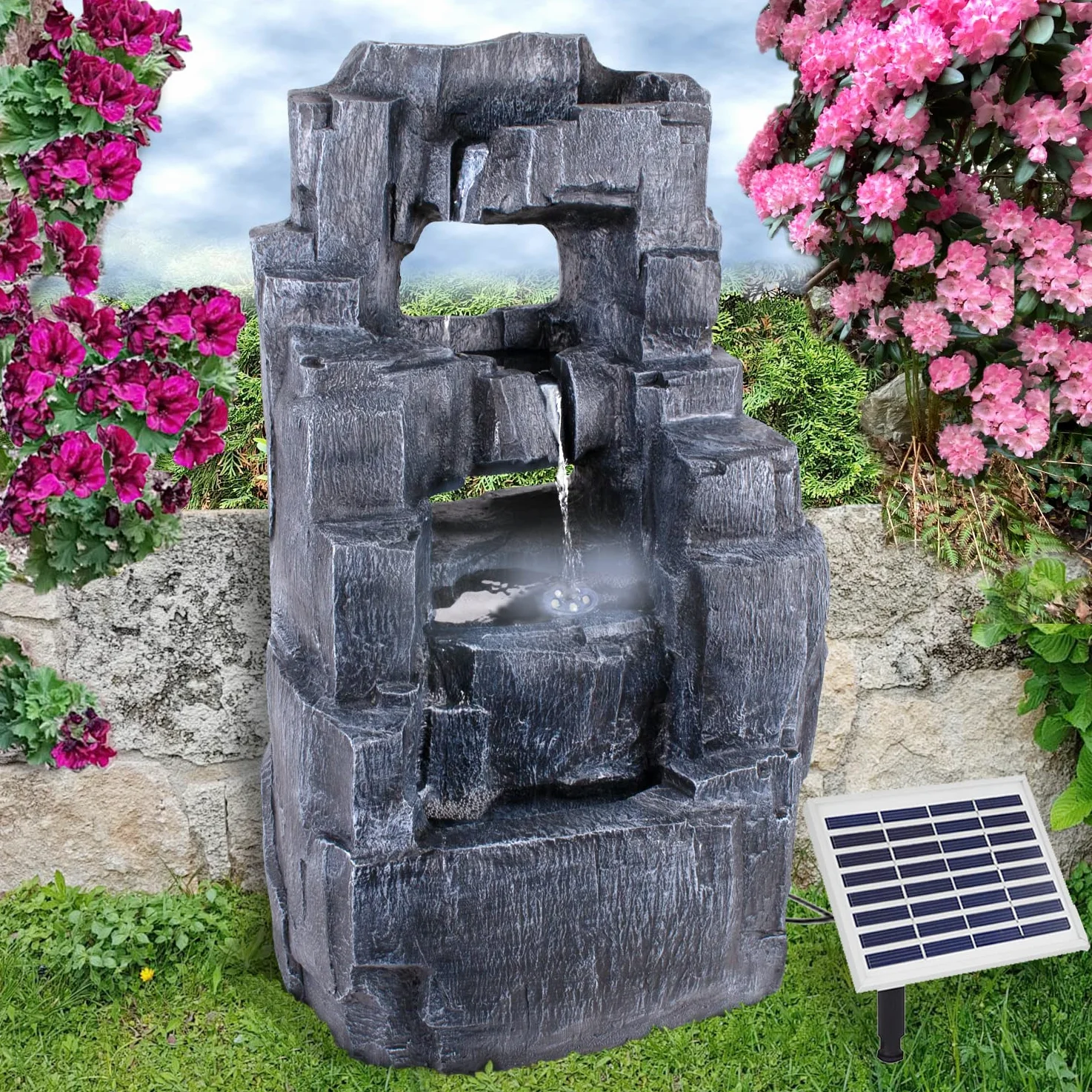 Fuente Solar de Jardín con Luz LED y Batería de Iones de Litio