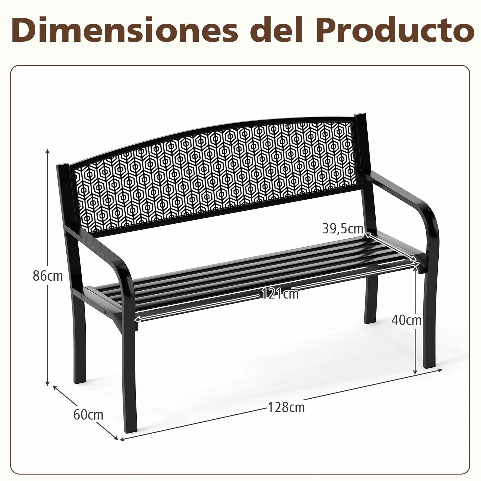 COSTWAY Banco Jardin 2-3 Plazas Metal Exterior 300kg 128x60x86 cm Negro
