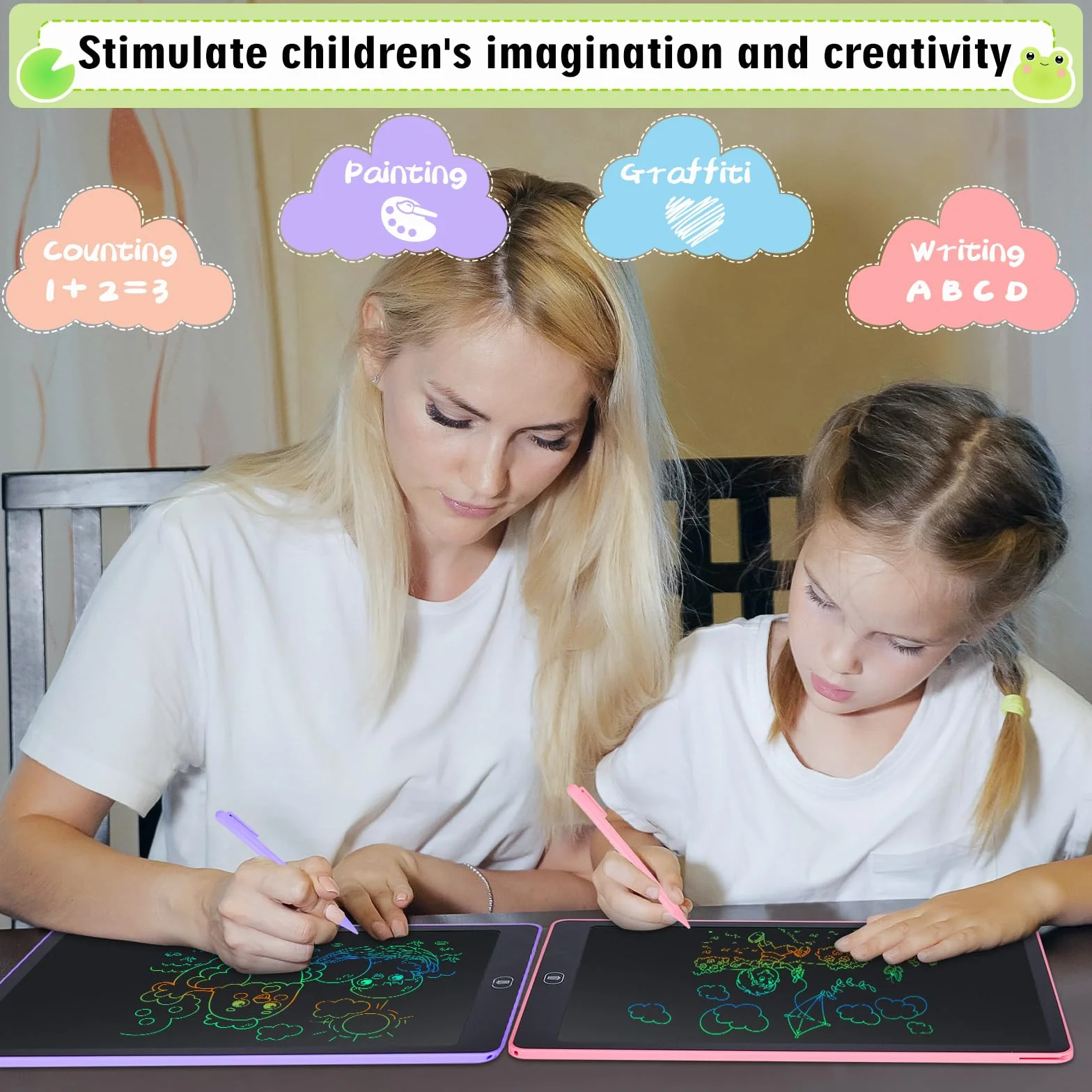 Tableta de Escritura LCD 16 Pulgadas con Pantalla Colorida, Cuaderno Borrable para Niños, Rosa y Púrpura