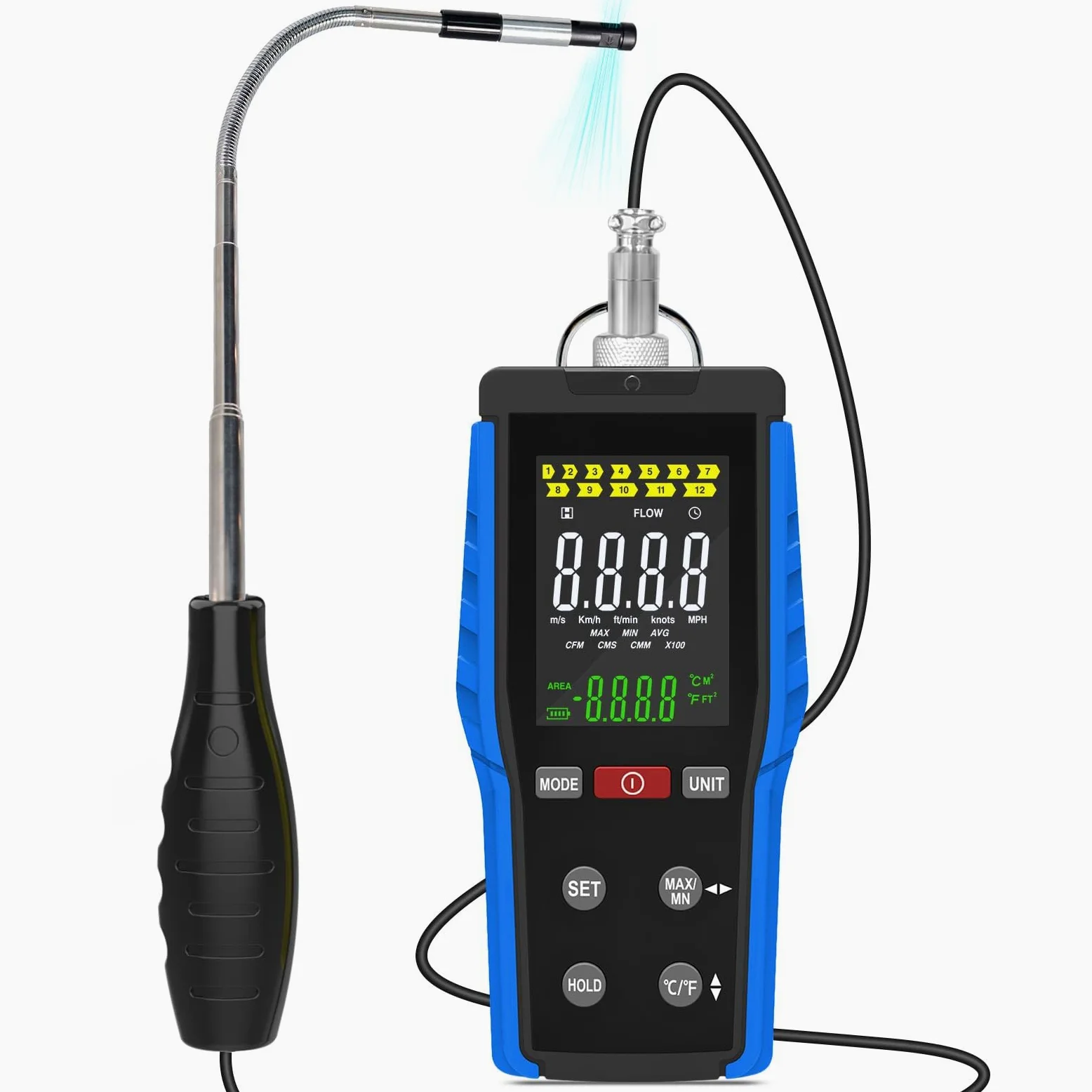 Anemómetro de hilo caliente, Wind Meter térmico para velocidad del viento, temperatura, volumen, medidor de velocidad del viento de 0,1-30 m/s, medidor CFM de 0-999900 ft3/min, retención de datos máx.