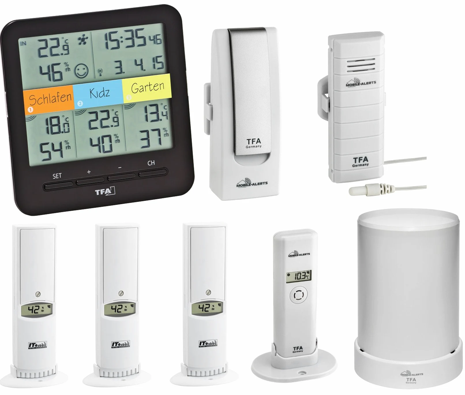 TFA Dostmann Estación térmica y higrómetro profesional de KlimaHome TFA 30.3060, incluye sistema WeatherHub SmartHome, pluviómetro y emisor adicional, color negro
