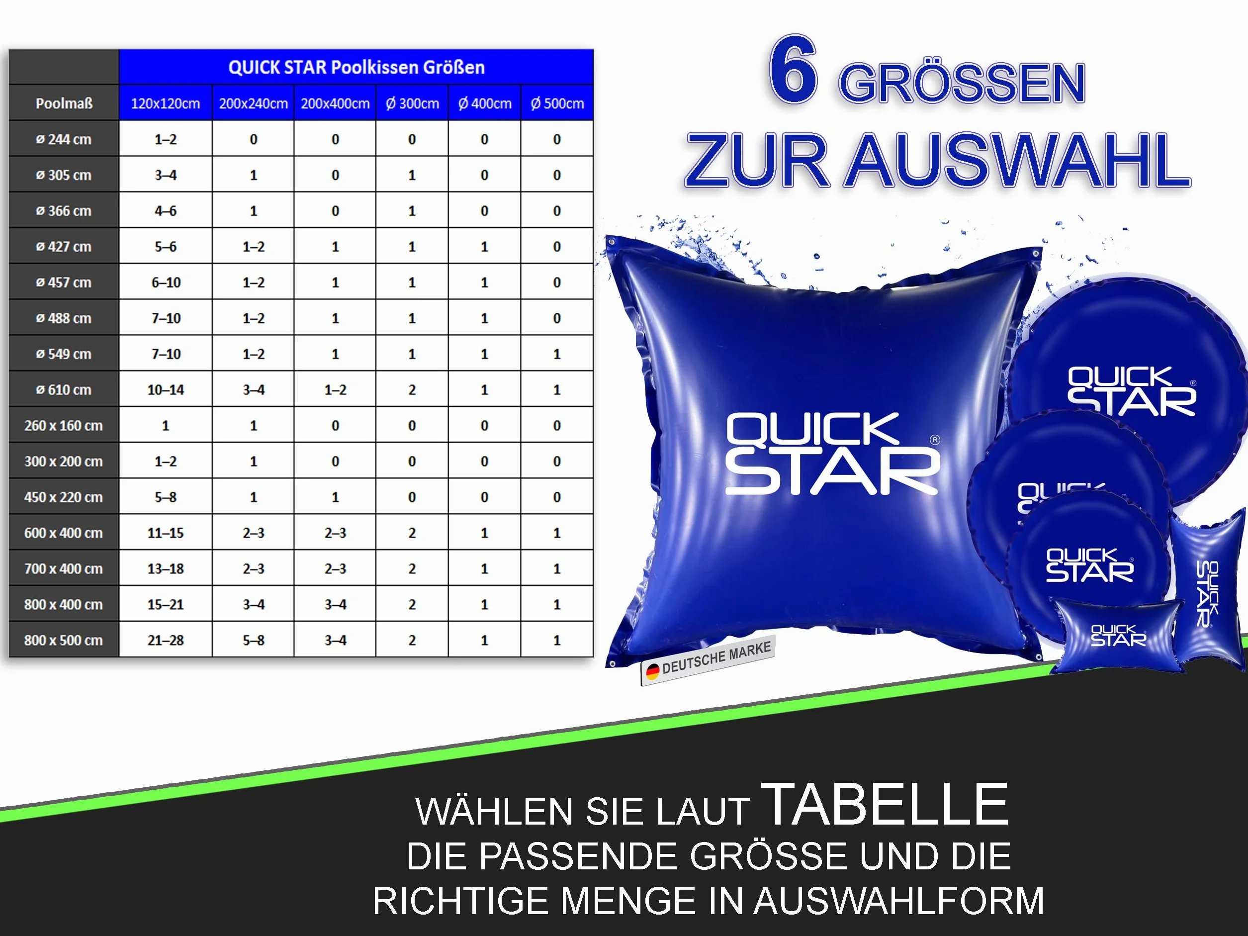QUICK STAR Cojín de piscina de 200 x 400 cm, color azul, cojín de aire para piscina de invierno, 4 cuerdas y kit de reparación, cojín de invierno