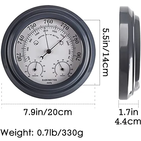 Barómetro 3 en 1 de alta precisión, barómetro aneroide para colgar en la pared de 7,9 pulgadas, humedad de temperatura y presión de aire 1050hPa, para interiores, exteriores, montañismo, agricultura,