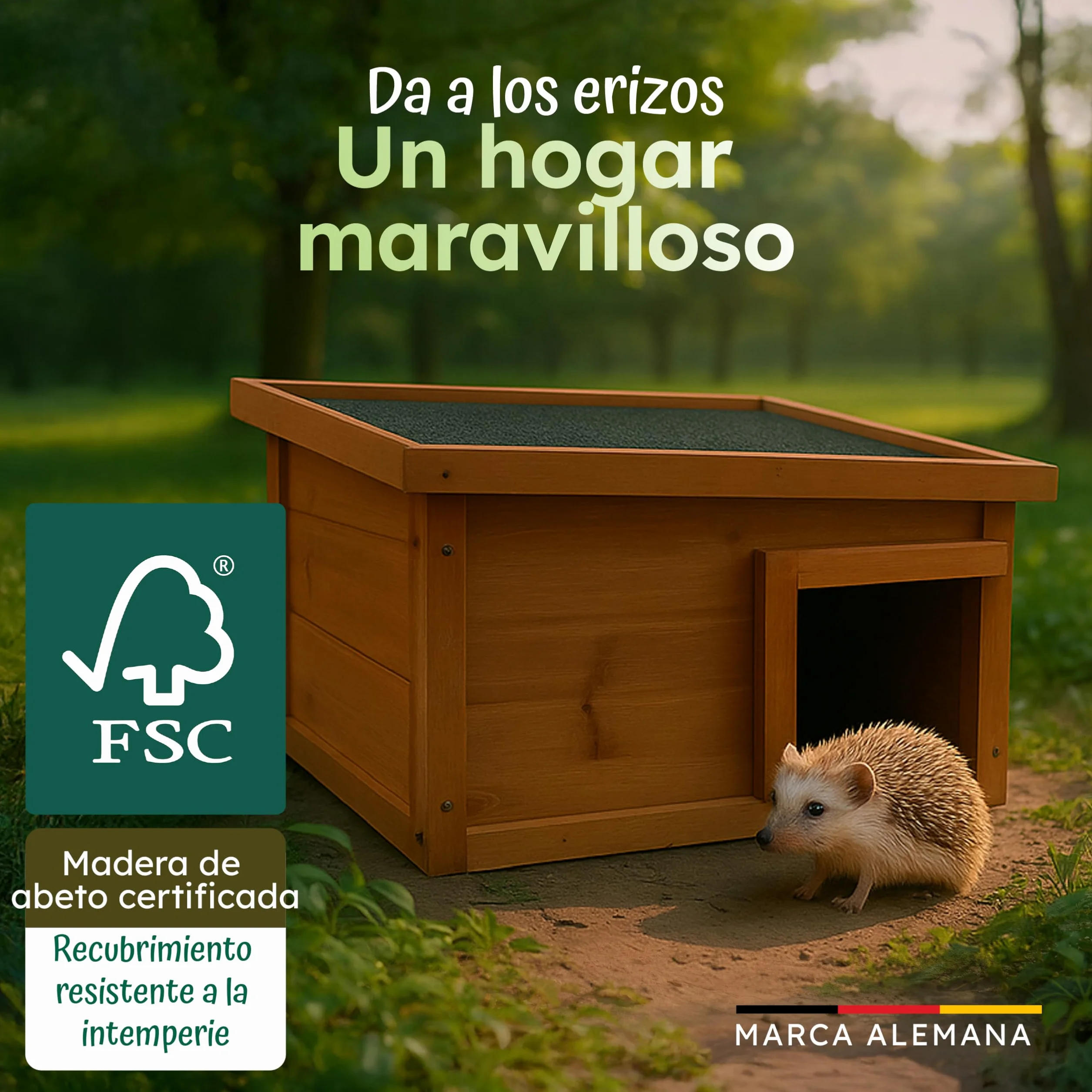 Moorland Casa de hibernación para erizos – Refugio de Invierno en Madera FSC 40×34 cm, Entrada laberíntica ventilada, Base, Techo extraíble, Resistente a la Intemperie para jardín