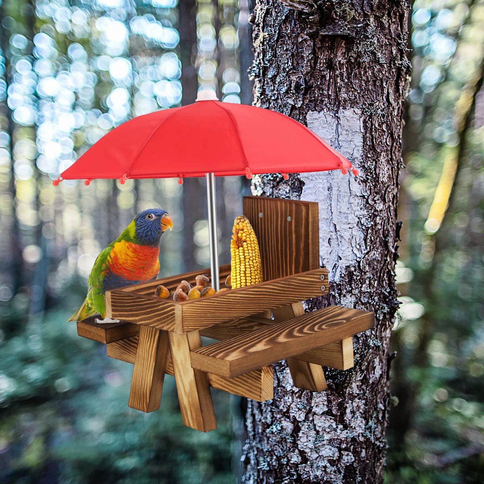 Comedero de ardillas de madera para exteriores, divertido mesa de alimentación para ardillas con un paraguas para jardín, patio, árbol