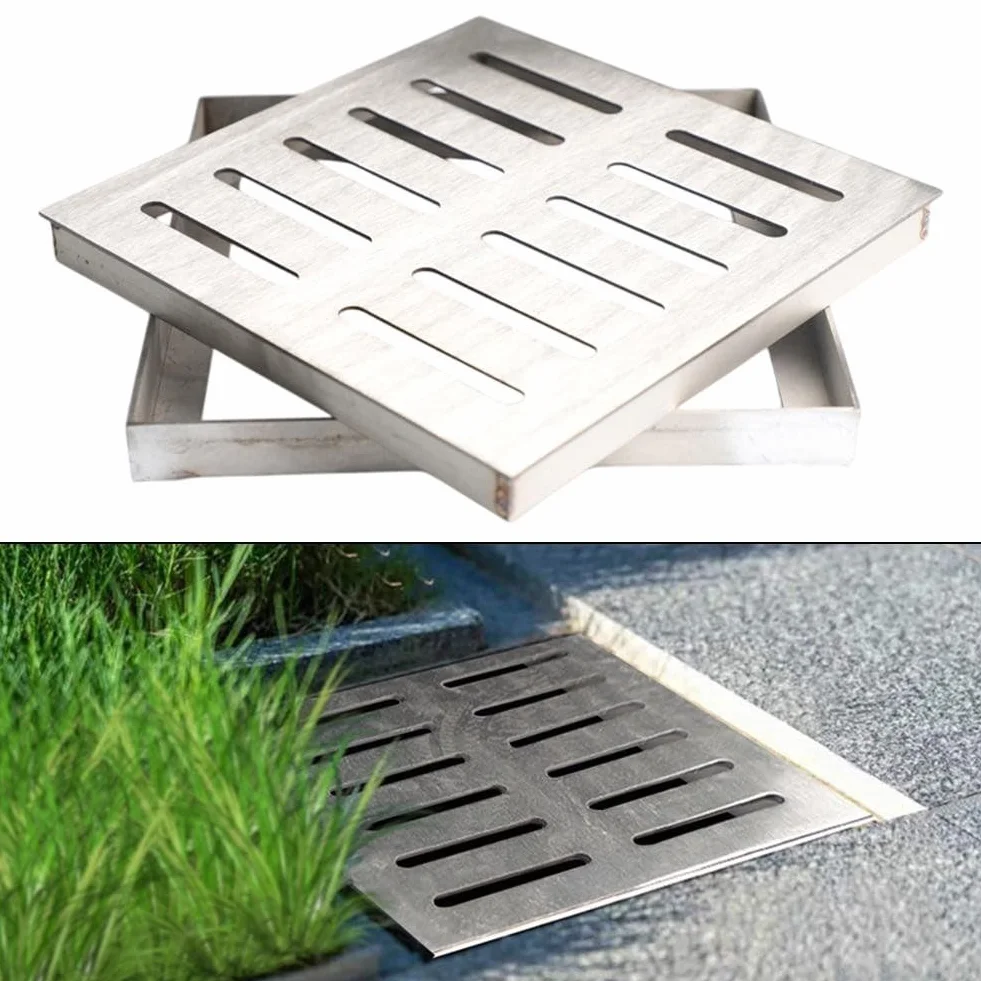 Cubierta de alcantarillado de acero inoxidable para desagüe, rejilla de agua de lluvia, drenaje cuadrado para suelo de patio con marco (200 x 200 x 20 x 2 mm)