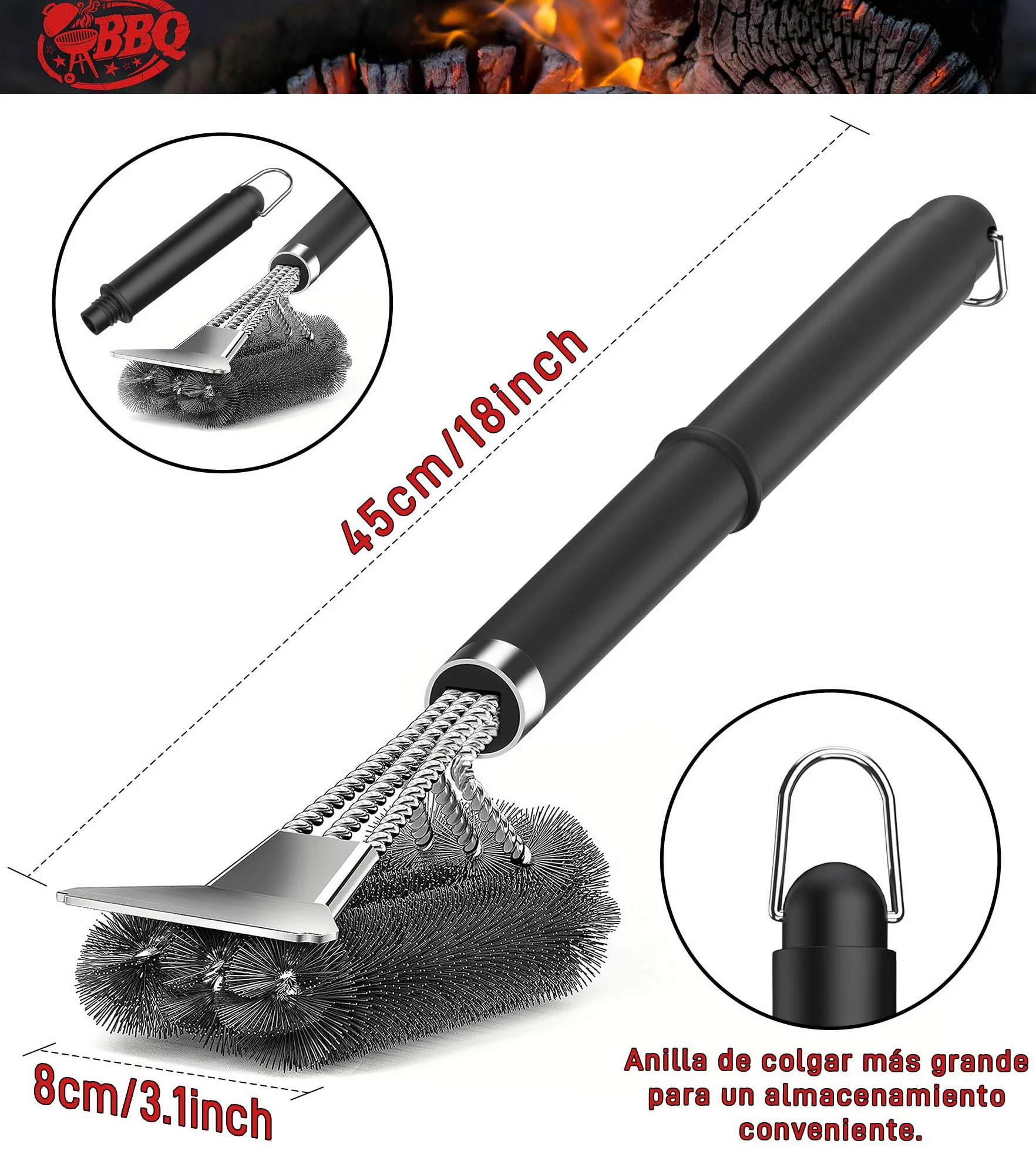 Cepillo de Barbacoa 3 en 1 con Cerdas de Alambre de Acero Inoxidable para Carbón Vegetal y Parrilla Eléctrica al Aire Libre - Jardín, Camping - Cepillo de Limpieza para BBQ