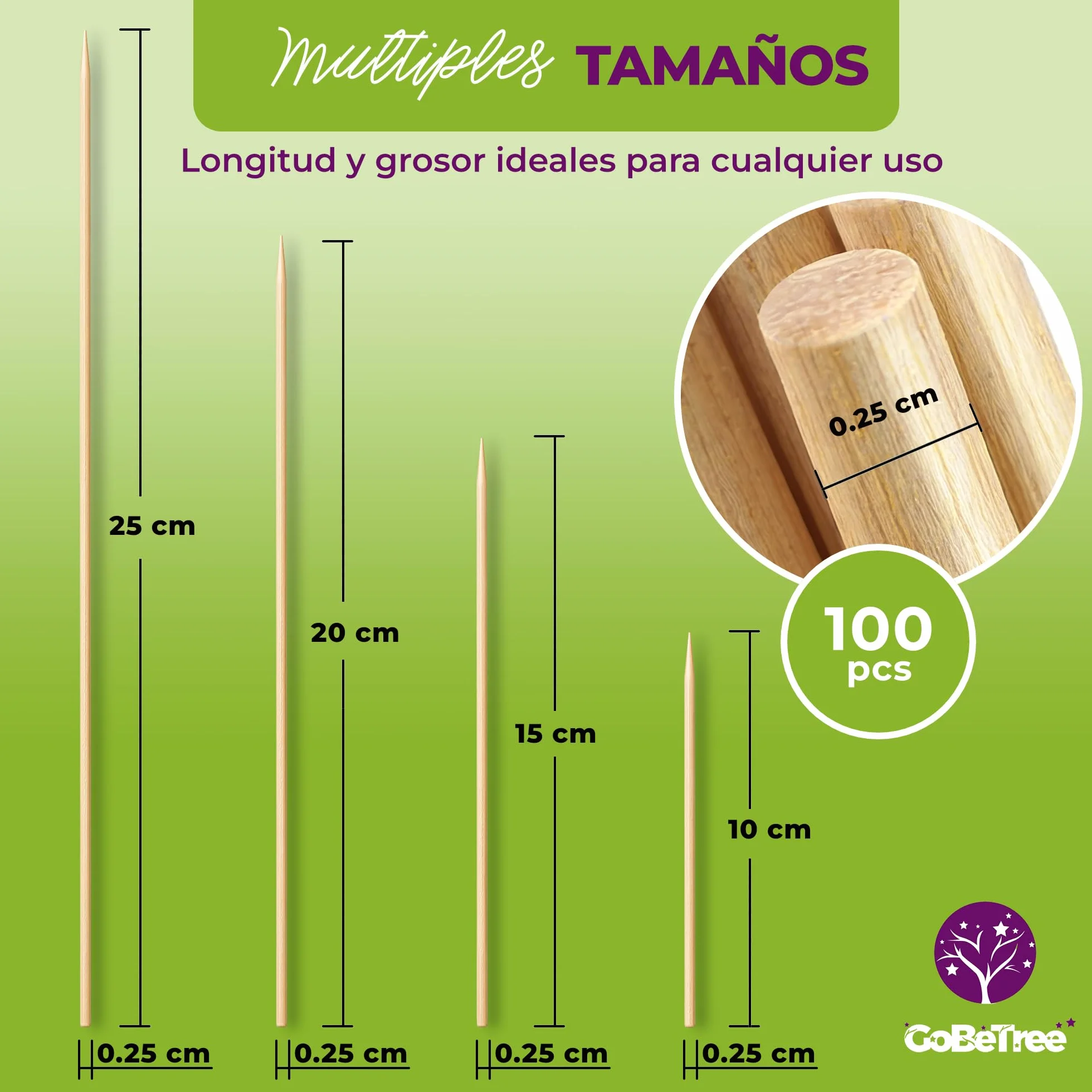 100 Pinchos de Madera de Abedul 15 cm x 2,5 mm | Palillos Extra Resistentes para Brochetas, Barbacoa, Carne y Frutas | Palos Ecológicos Multiusos para Manualidades