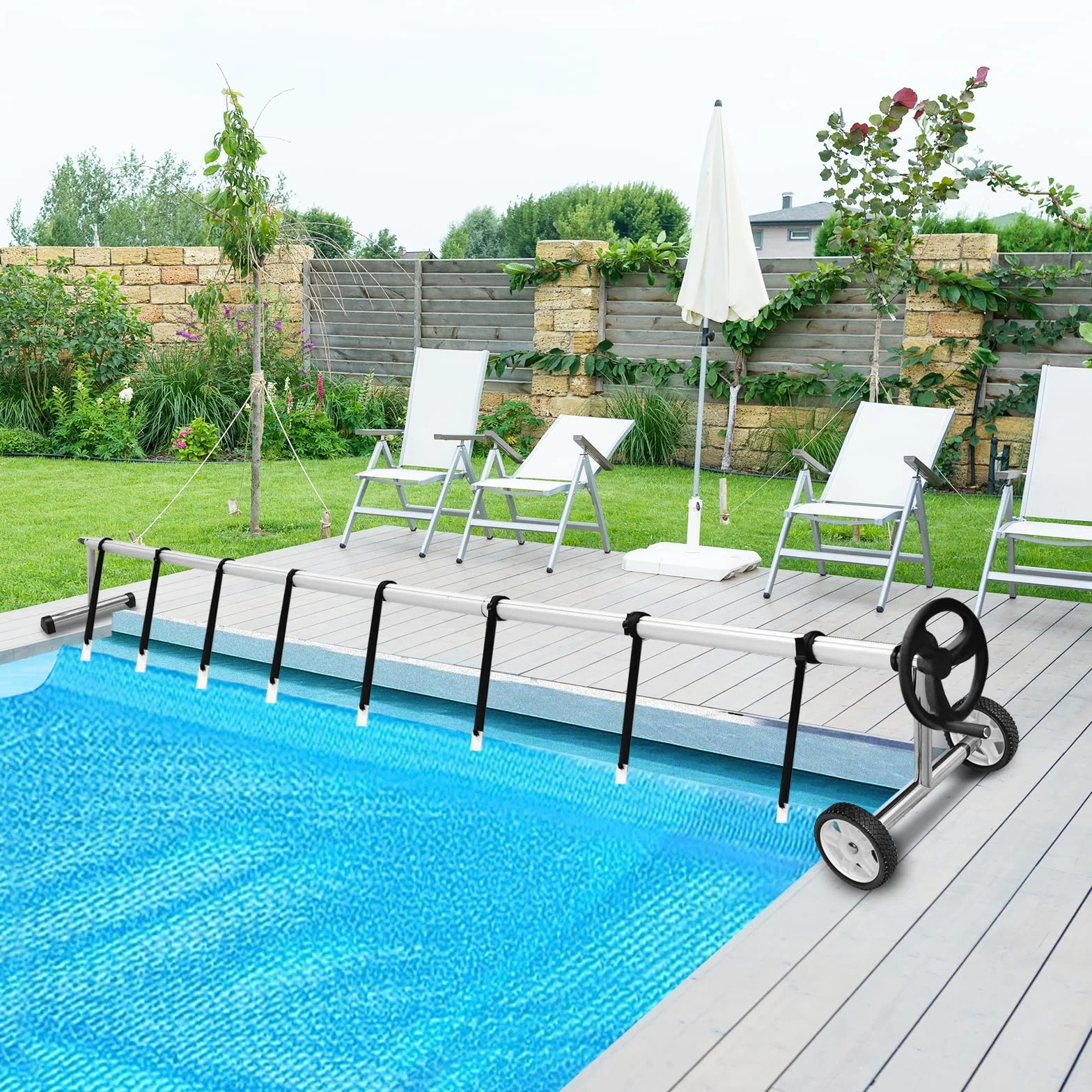RELAX4LIFE - Carrete de lona extensible ajustable de 1,65 a 7 m para lonas y películas solares, enrollador de piscina de aluminio móvil con 8 correas de fijación