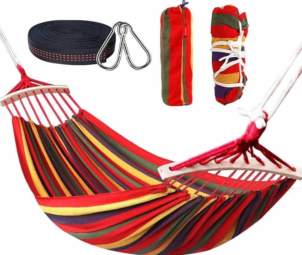 HOSPAOP Hamacas Dobles 280 x 160 cm, Hamaca Jardin Colgantes Exterior con Barra, Amaca Portátil de Lona con Cuerdas, Capacidad de 300kg, para Jardín Patio Acampar Trasero Playa Mochileros