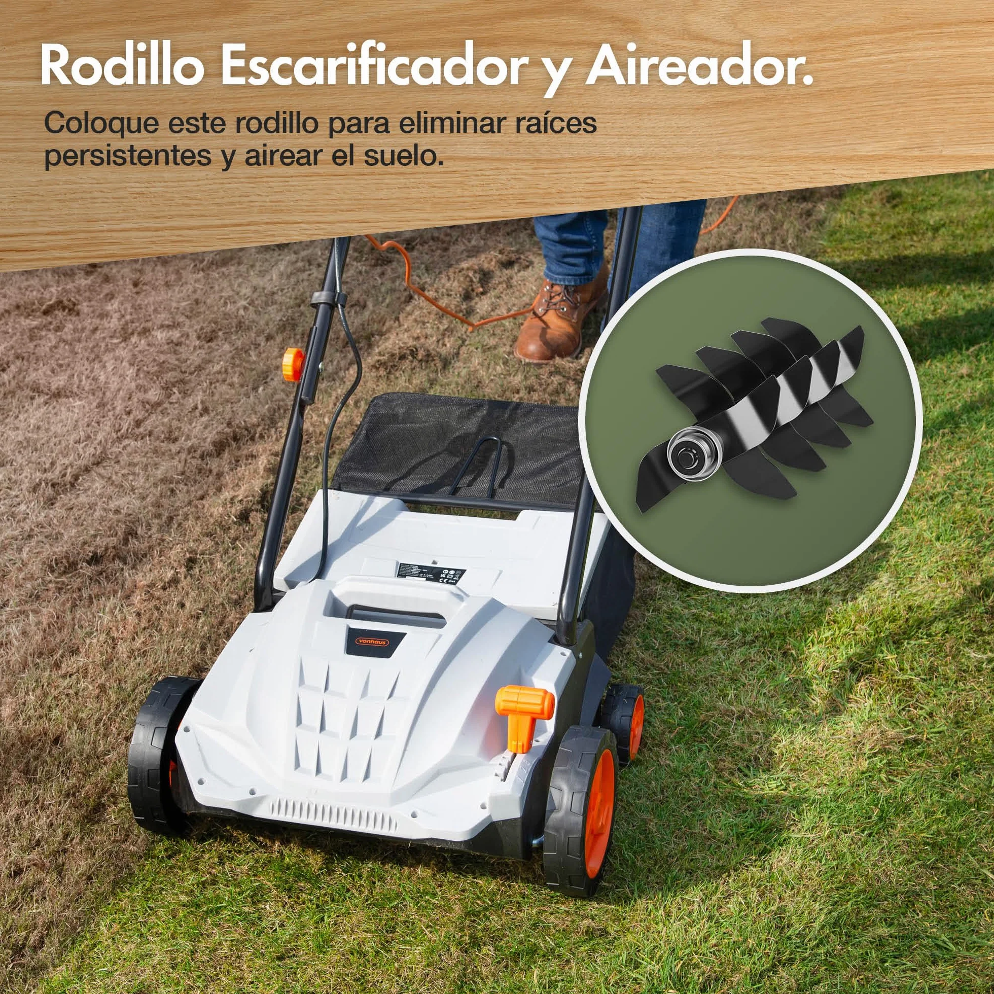 VonHaus Escarificador/Aireador/Rastrillo Eléctrico 1500W – Para Escarificar Y Rastrillar El Césped, Elimina Fieltro, Musgo Y Hojas Secas, Aireación Del Suelo, Caja 30L, 4 Alturas, Ancho 32cm