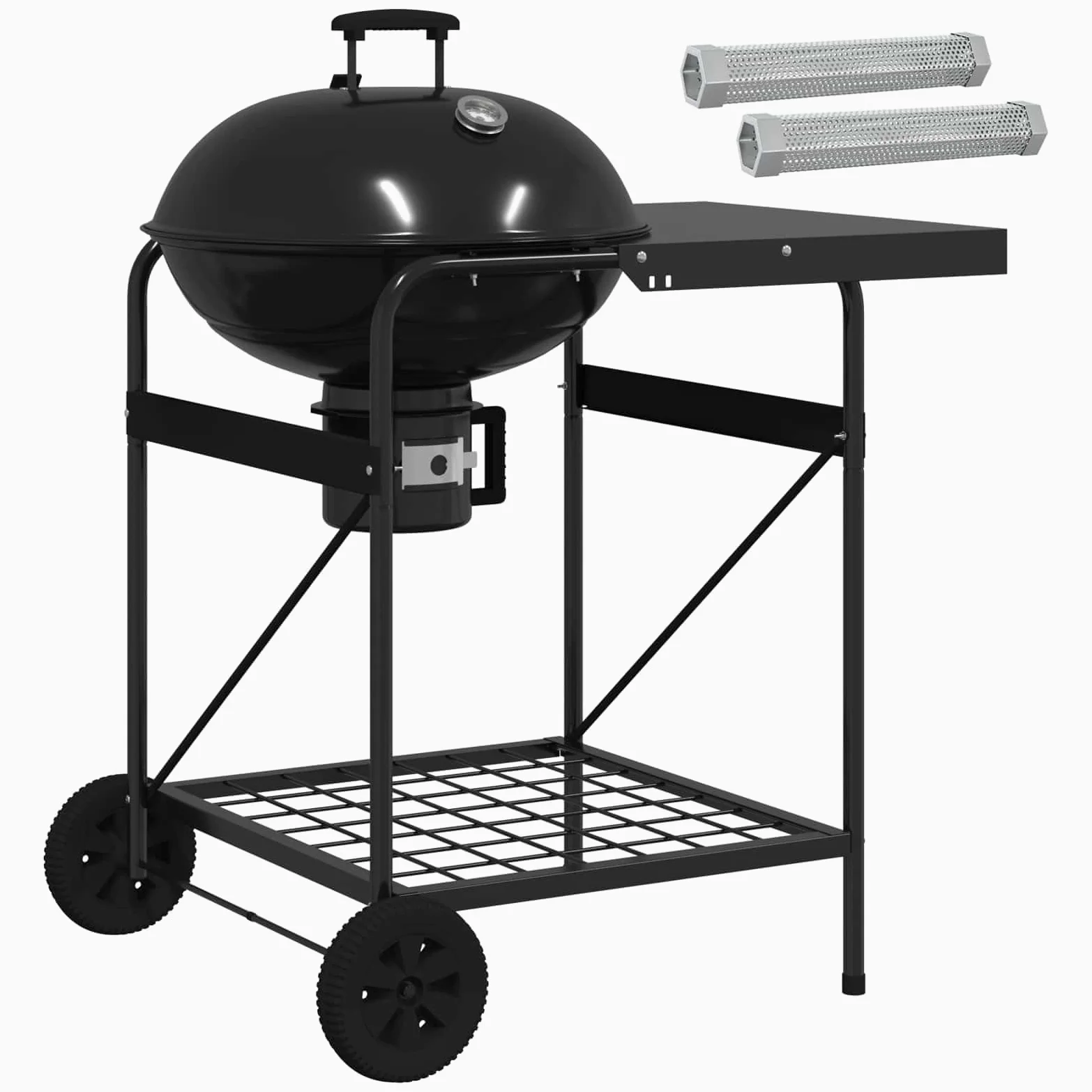 Barbacoa de carbón vegetal con tubos de incienso 91 x 71 x 107 cm acero negro | Calentador de leña, tubos de incienso de acero inoxidable 5 x 5 x 30 cm, termómetro integrado, ruedas de 18 cm