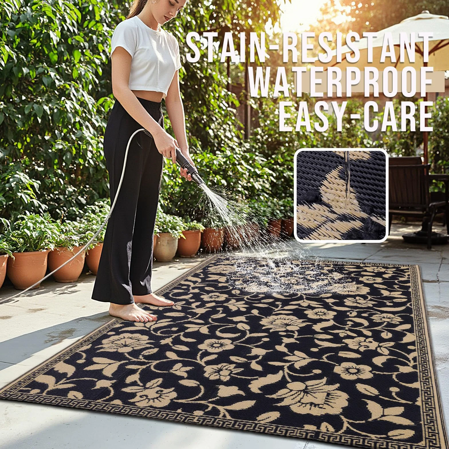 smiry Alfombra de jardín impermeable para exteriores, resistente a los rayos UV, alfombra reversible de paja de plástico para balcón, camping, picnic, patio trasero, 120 x 180 cm, negro y beige, flor