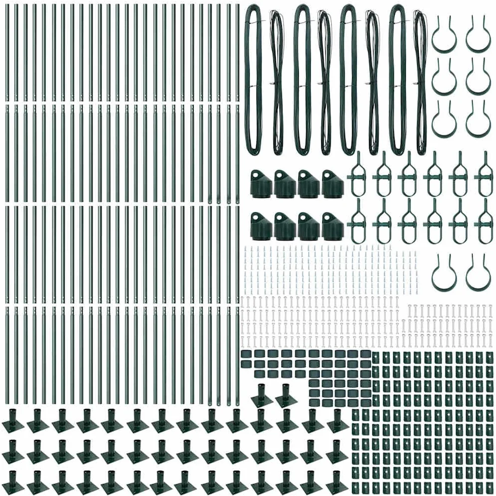 Juego de 52 postes para valla para hormigón, postes de acero, 130 cm, color verde | Juego de postes de acero resistentes para vallas de jardín y terraza, incluye placas de hormigón y alambre tensor.