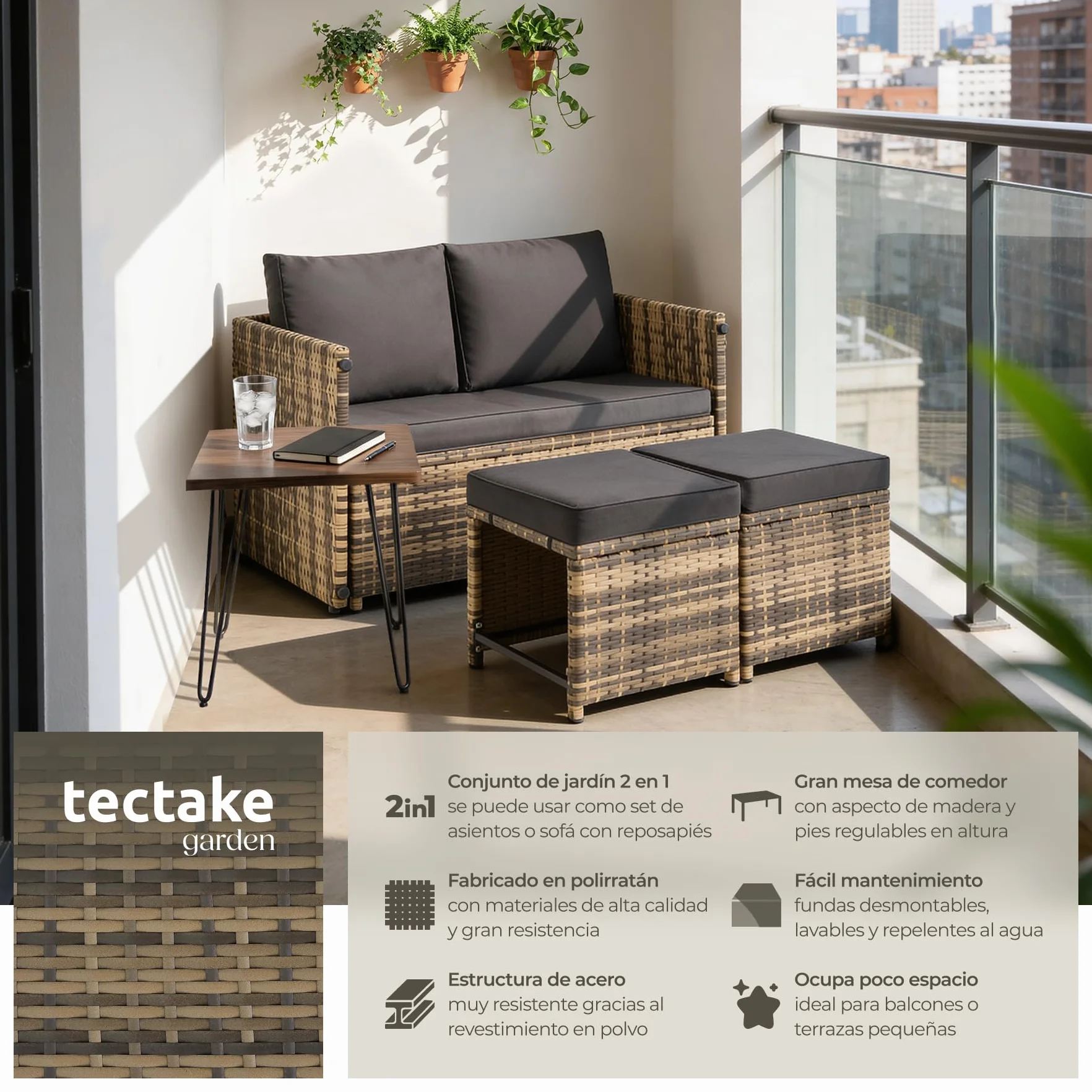 tectake® Conjunto Jardin Exterior 2 en 1, Muebles Jardin Exterior, Mesa y Sillas Terraza, Sofa con Cojines Impermeables y Lavables, 4 Personas, Sofas, Silla, Mesa Terraza, Mueble - Natural