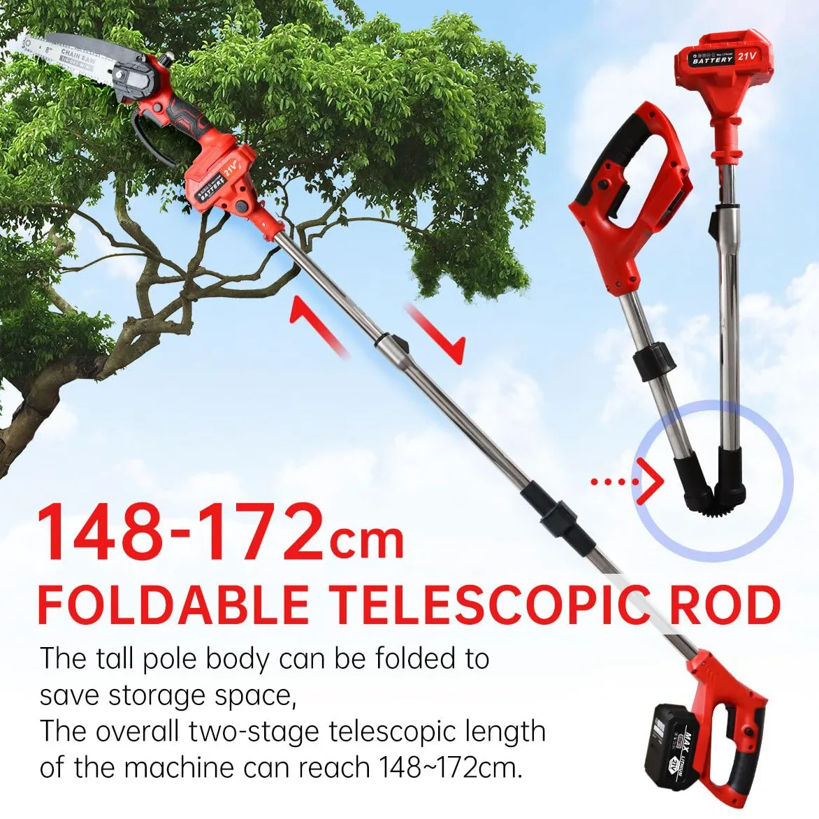 Minimotosierra de Batería 2-en-1, Podadora Eléctrica Batería 8 Pulgadas con Pértiga Plegable 180cm, Sierra Eléctrica Podar Arboles 2x2000mAh, Podadora de Altura para Jardín y Poda de Árboles